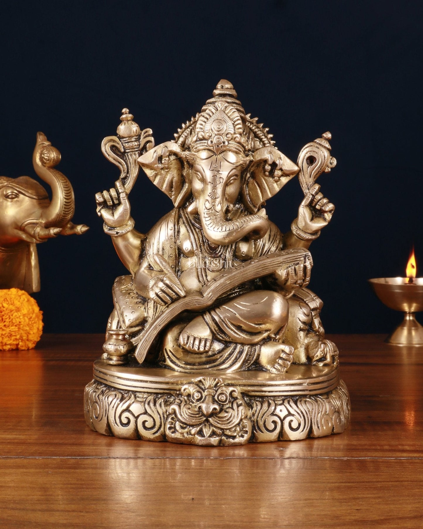 Brass Lord Ganesha Writing Statue – 7.5 Inch | 100% Certified Copper & Brass - Sama Homes Idol - Brass Sculpture