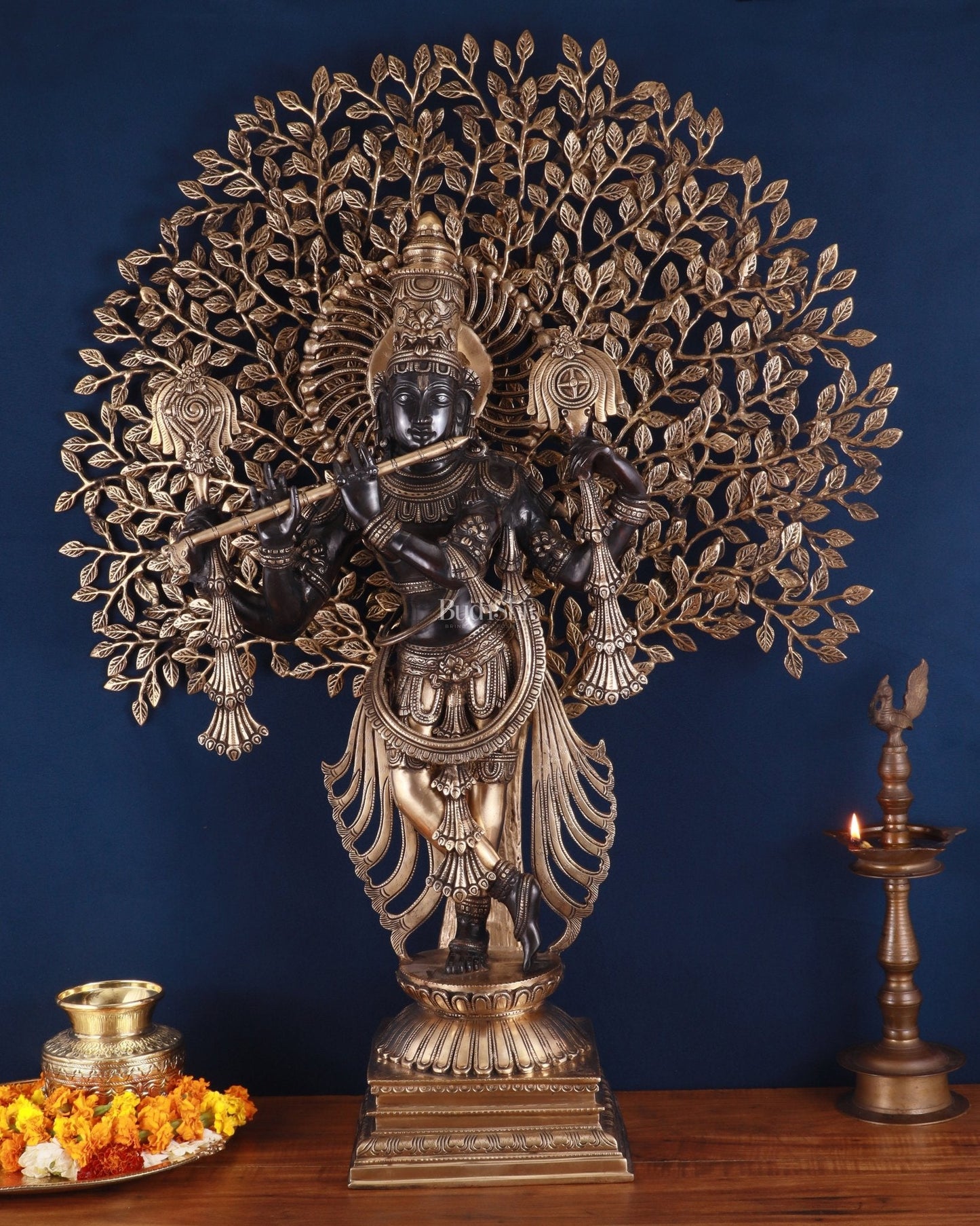 Brass Lord Krishna with Kalpavriksha Statue – Black Edition, 37.2 Inch, 35.2 Kg | 100% Certified Copper & Brass - Sama Homes Idol - Brass Sculpture