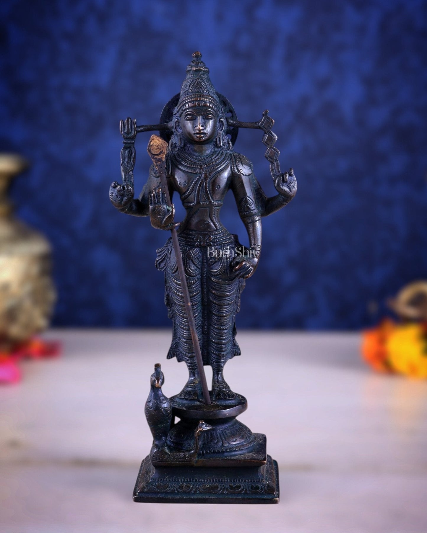Brass Lord Murugan Standing with Peacock Idol – Vintage Bronze Tone, 8" | 100% Certified Copper & Brass - Sama Homes Idol - Brass Sculpture