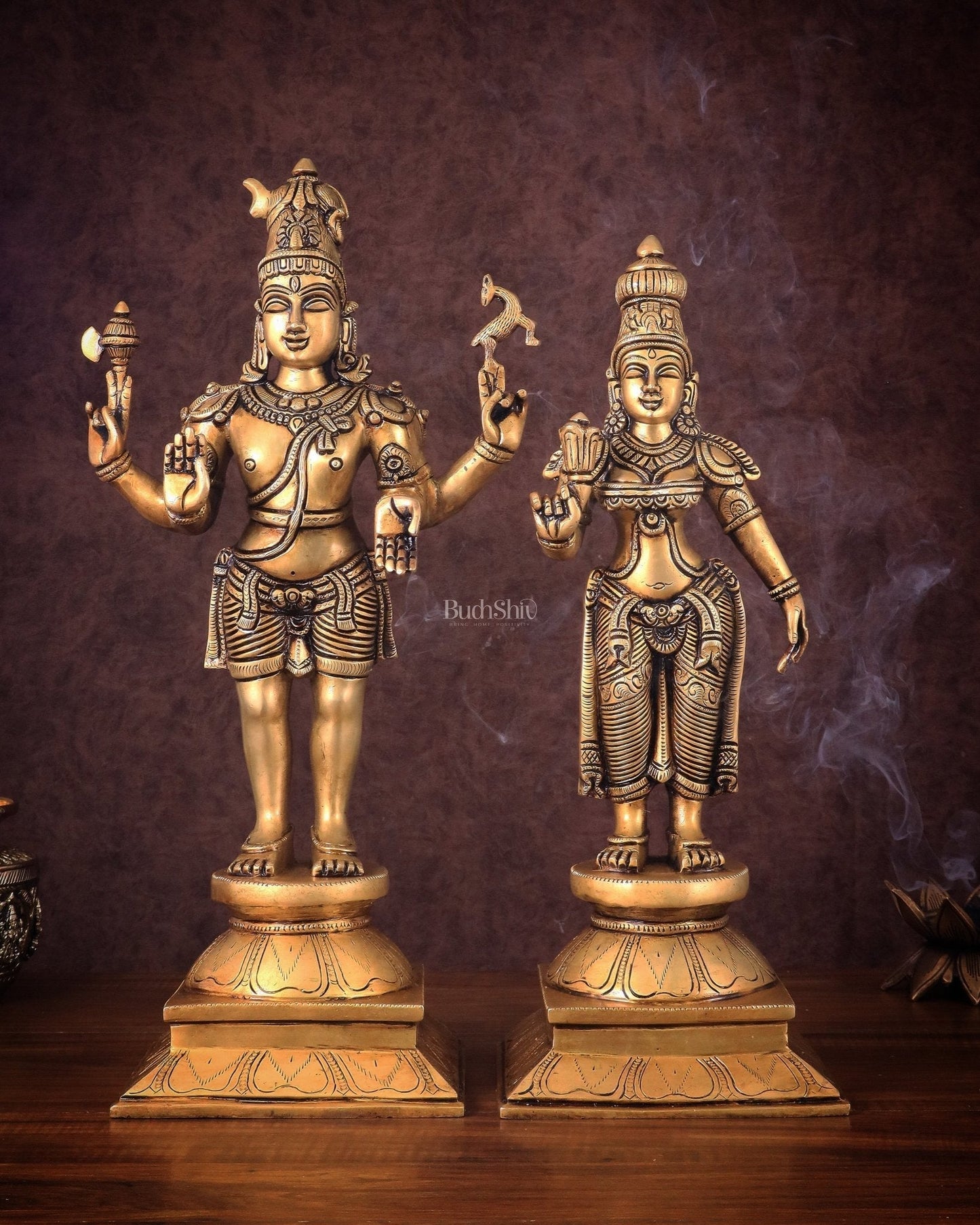 Brass Lord Shiva and Parvati Idol | 18" Height | 100% Certified Copper & Brass - Sama Homes Idol - Brass Sculpture