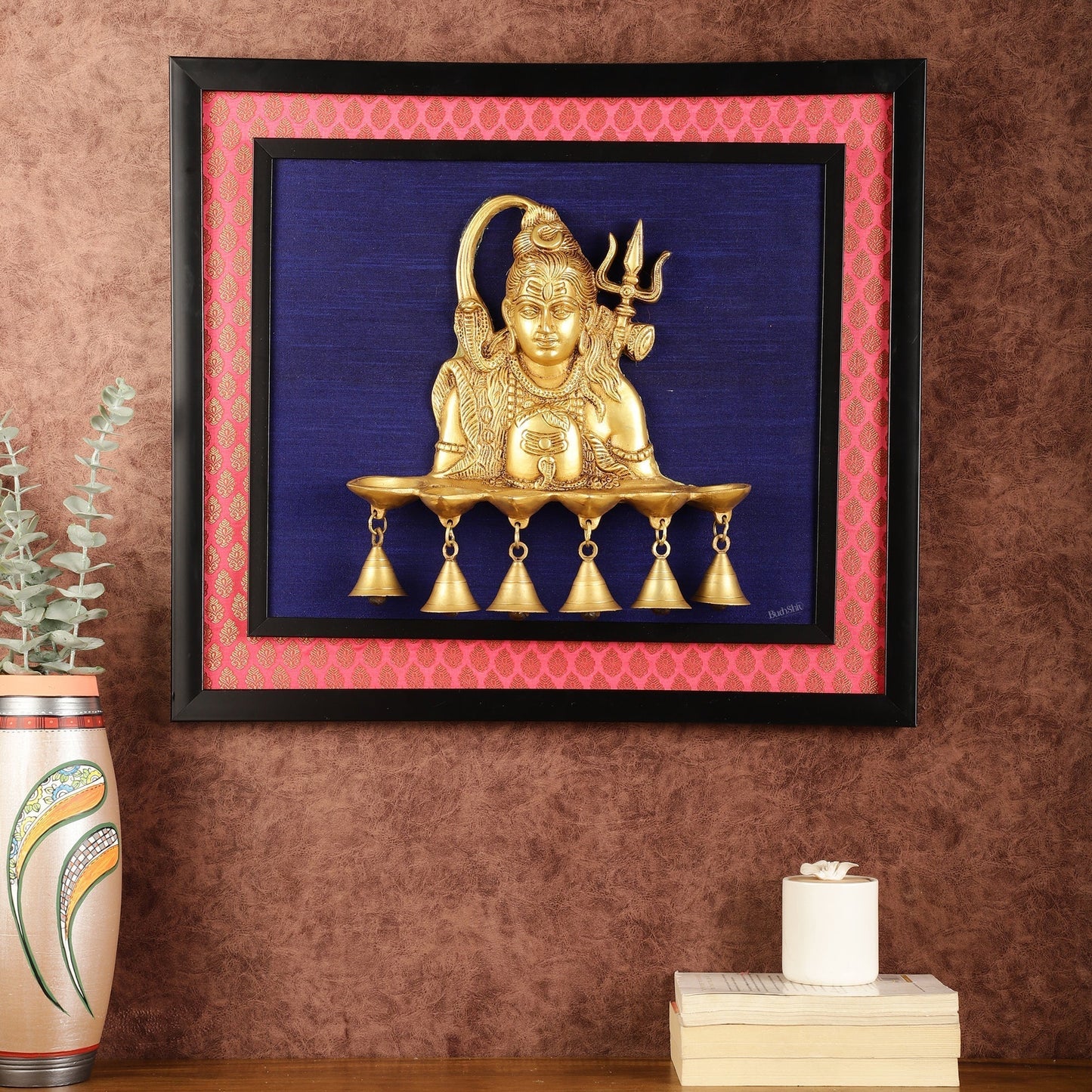Brass Lord Shiva Diya on Wooden Frame with Premium Fabric | 19 Inch Wall Hanging | 100% Certified Copper & Brass - Sama Homes Idol - Brass Sculpture