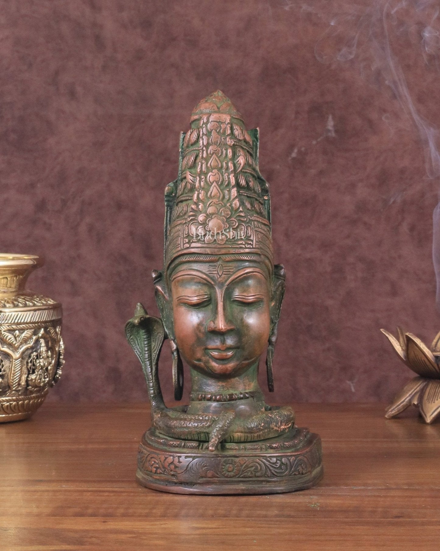 Brass Lord Shiva Face Bust Statue - Vintage Green Finish, 9" | 100% Certified Copper & Brass - Sama Homes Idol - Brass Sculpture