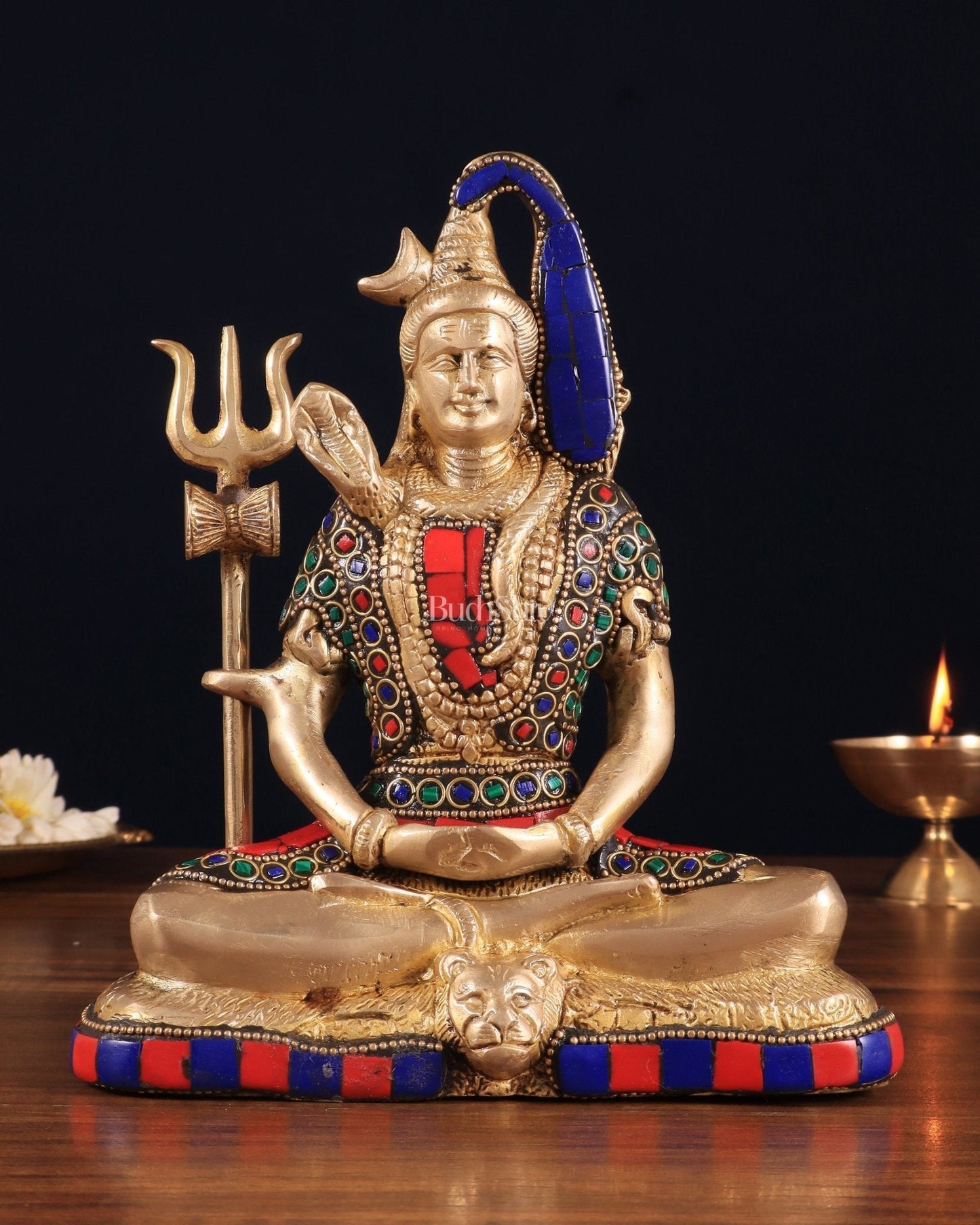 Brass Lord Shiva in Meditation Statue 8" meenakari Stonework | 100% Certified Copper & Brass - Sama Homes Idol - Brass Sculpture