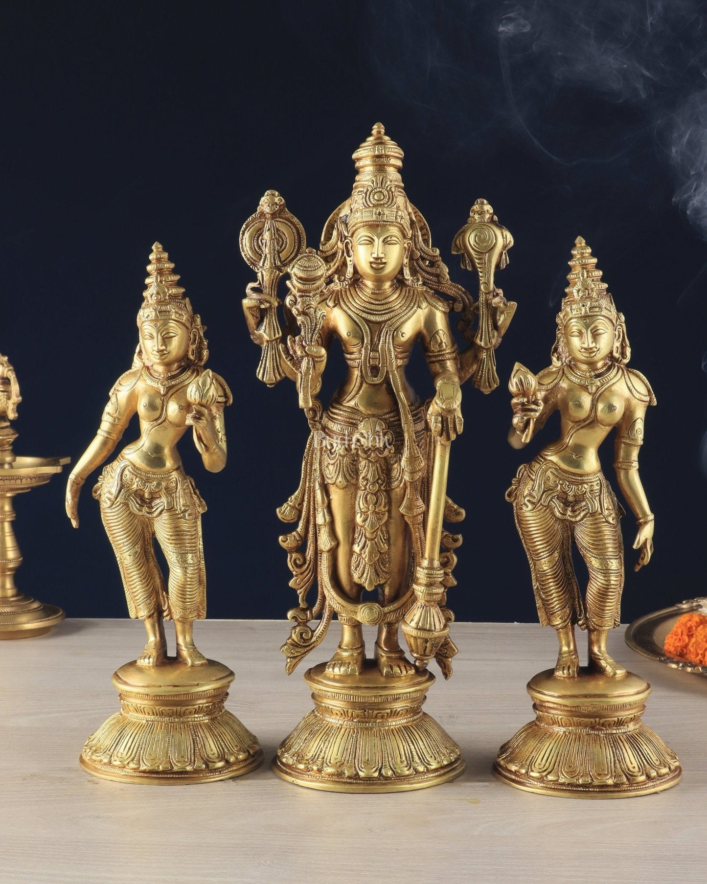 Brass Lord Vishnu with Bhudevi and Sridevi Statues – Intricate Sculptures, 13" | 100% Certified Copper & Brass - Sama Homes Idol - Brass Sculpture