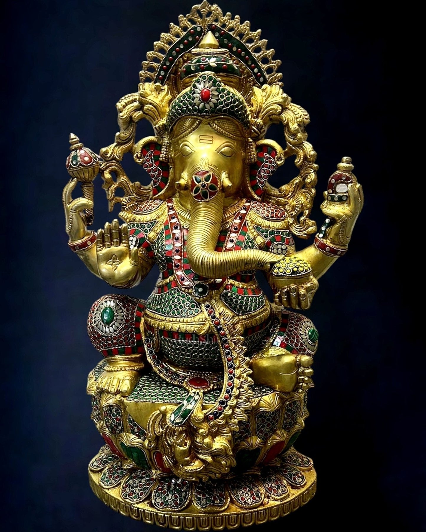 Brass Majestic Ganesha statue 26 inch with meenakari | 100% Certified Copper & Brass - Sama Homes Idol - Brass Sculpture