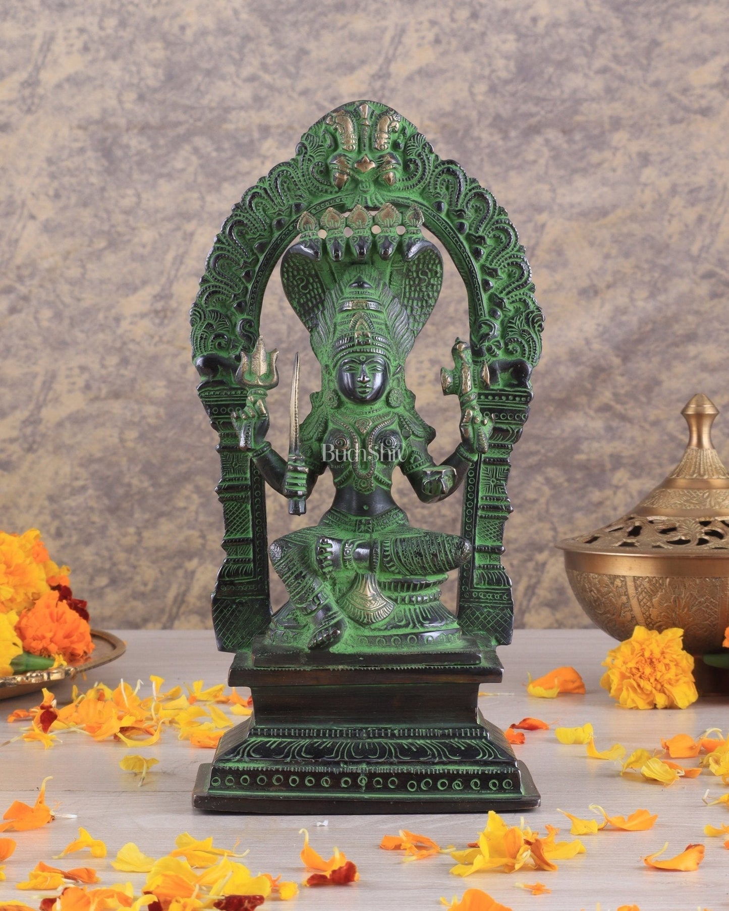 Brass Mariamman Karumariamma Idol | Height: 9.5 inch black and green | 100% Certified Copper & Brass - Sama Homes Idol - Brass Sculpture