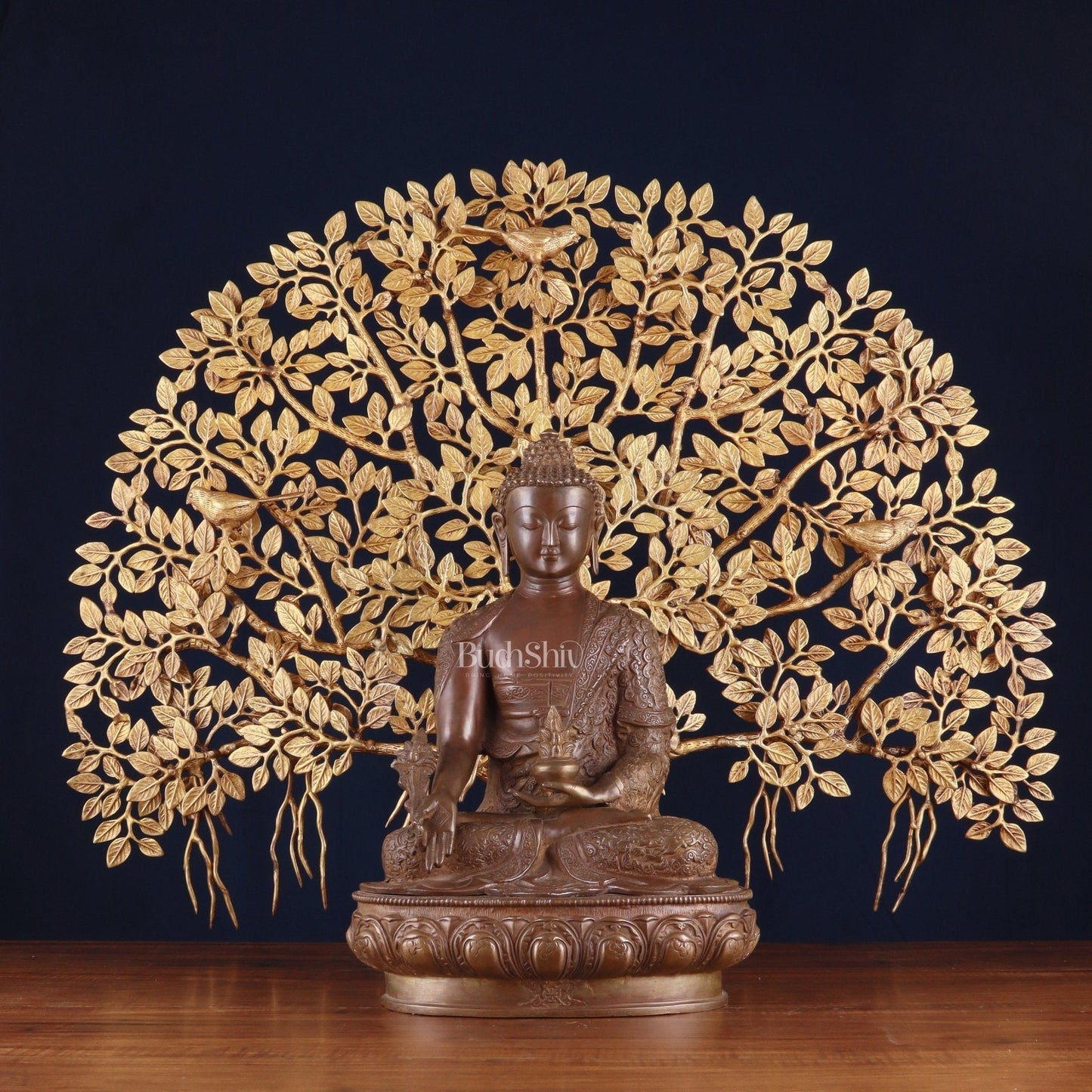Brass Medicine Buddha Statue with Copper Finish & Superfine Kalpavriksha Tree – Spiritual Decor Set | 100% Certified Copper & Brass - Sama Homes Idol - Brass Sculpture