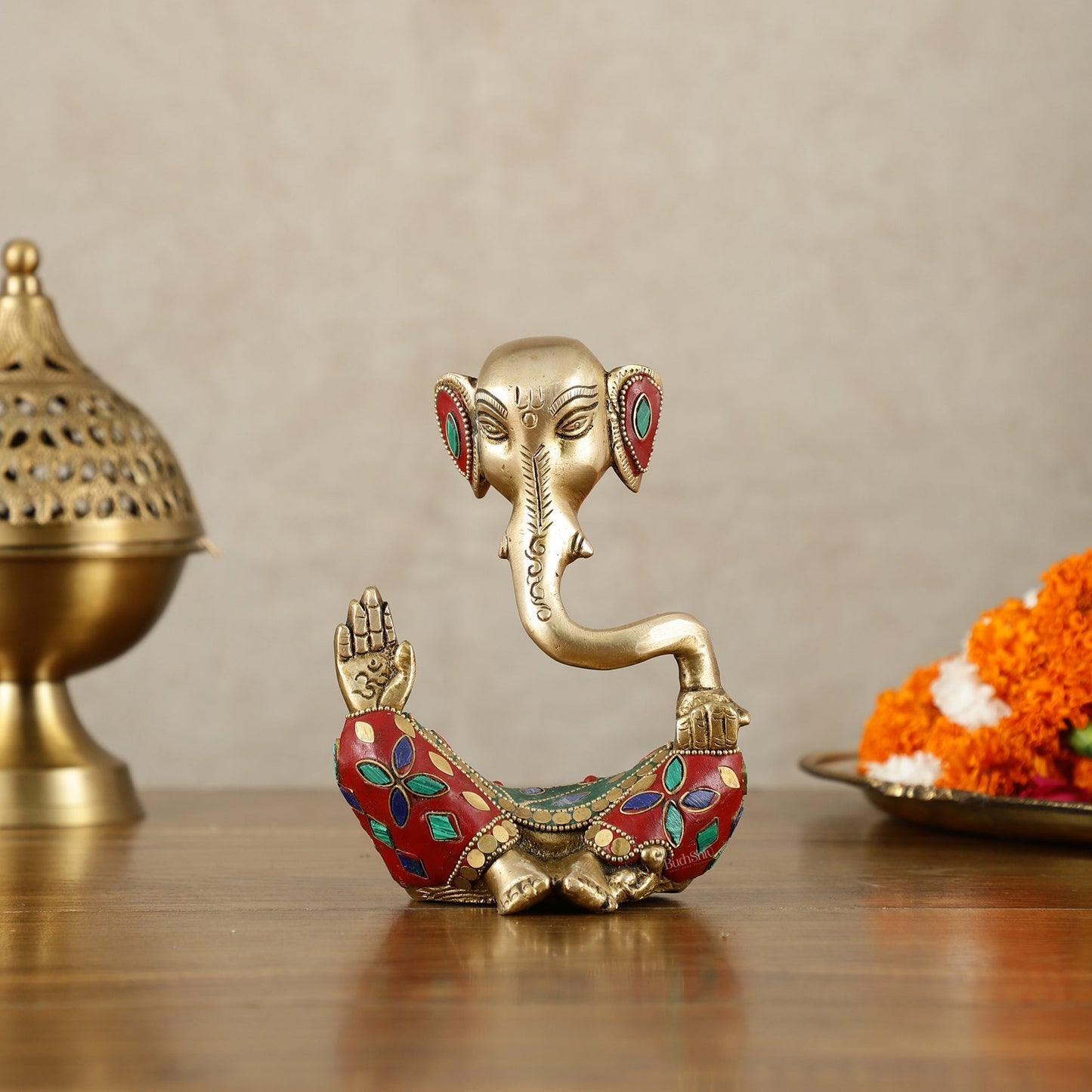 Brass Modern Ganesha Idol | 6" Height | Meenakari Stonework | 100% Certified Copper & Brass - Sama Homes Idol - Brass Sculpture