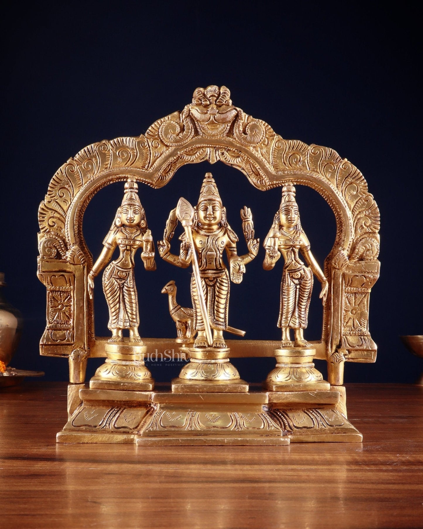 Brass Murugan Valli Deivayanai Idol Set with Prabhavali – 8.5”
