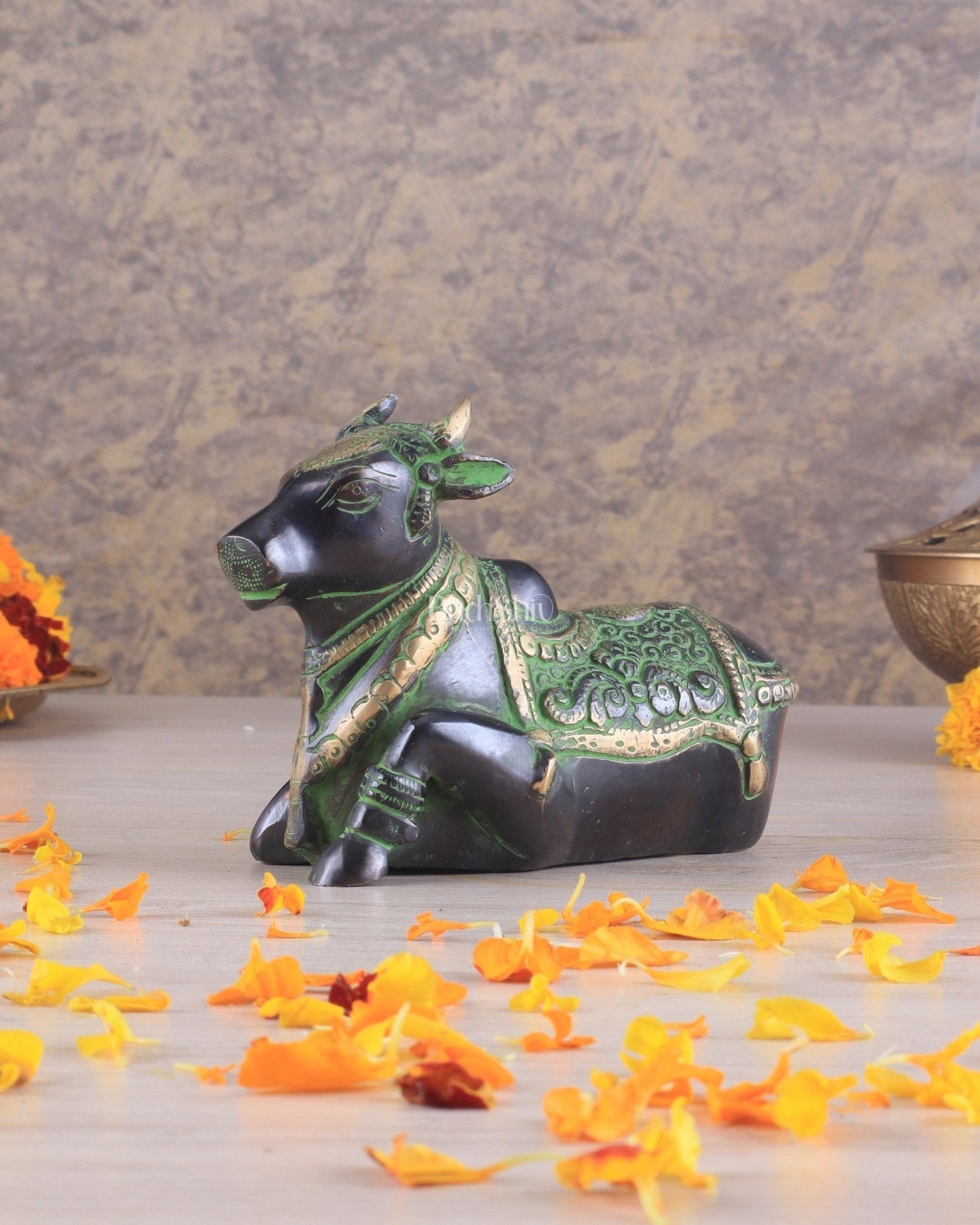 Brass Nandi Idol Black and green tone | 6" | 100% Certified Copper & Brass - Sama Homes Idol - Brass Sculpture