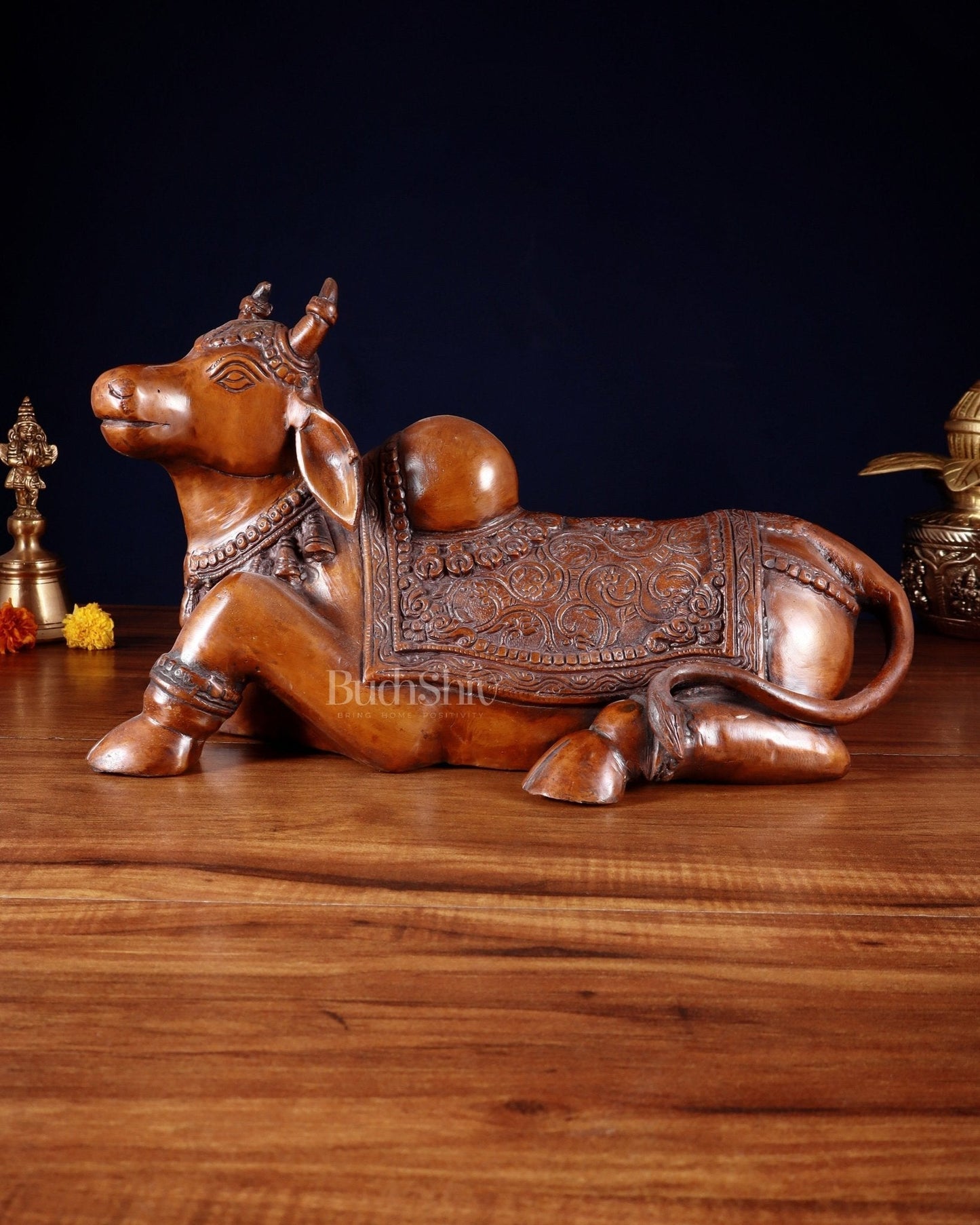 Brass Nandi Statue copper tone - 15 inch | 100% Certified Copper & Brass - Sama Homes Idol - Brass Sculpture