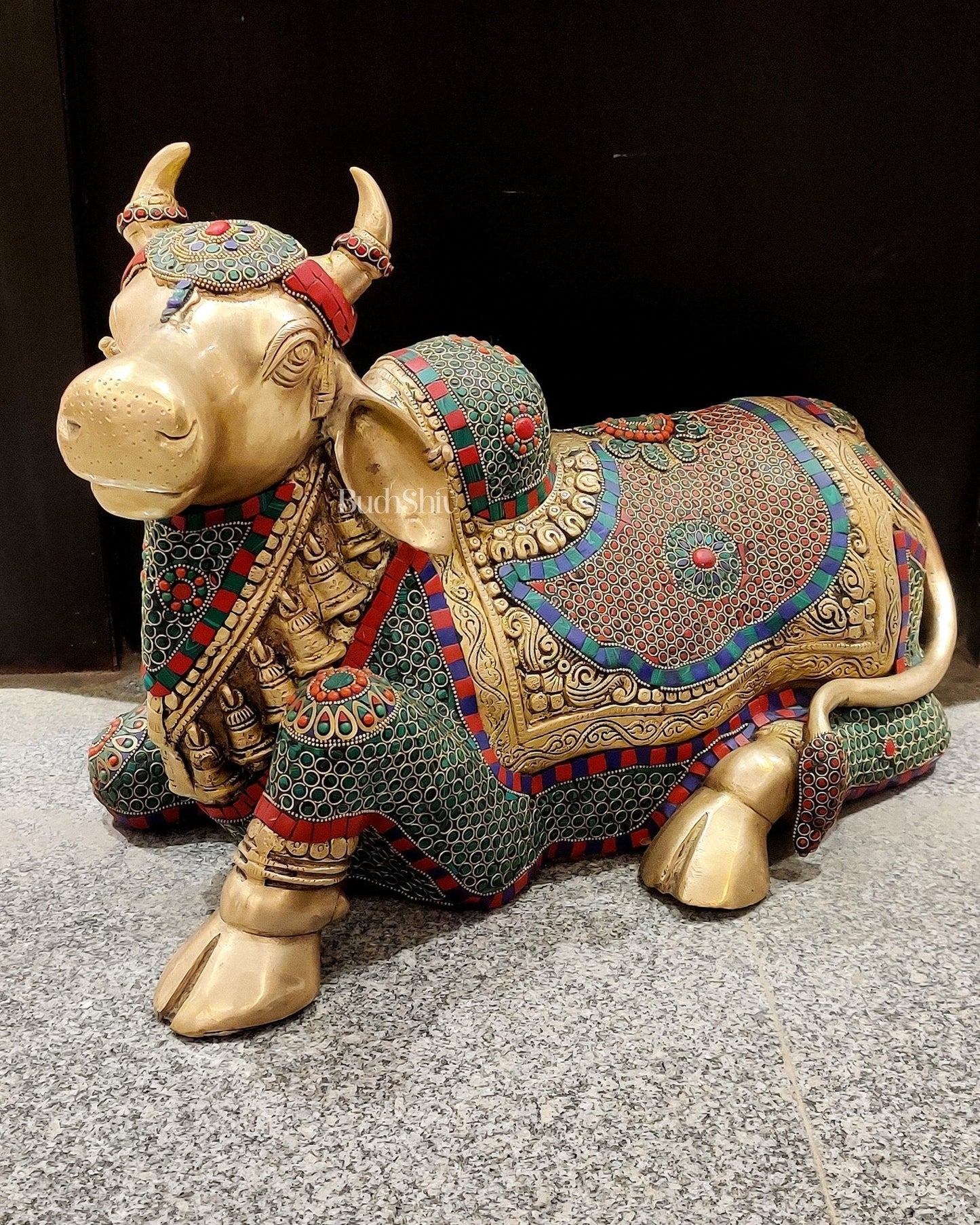 Brass Nandi Statue with Stonework - 15 inch | 100% Certified Copper & Brass - Sama Homes Idol - Brass Sculpture