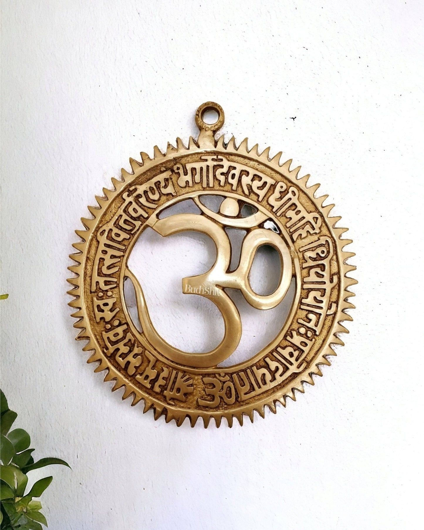 Brass om with Gayatri mantra engraved wall hanging 6 inch | 100% Certified Copper & Brass - Sama Homes Idol - Brass Sculpture