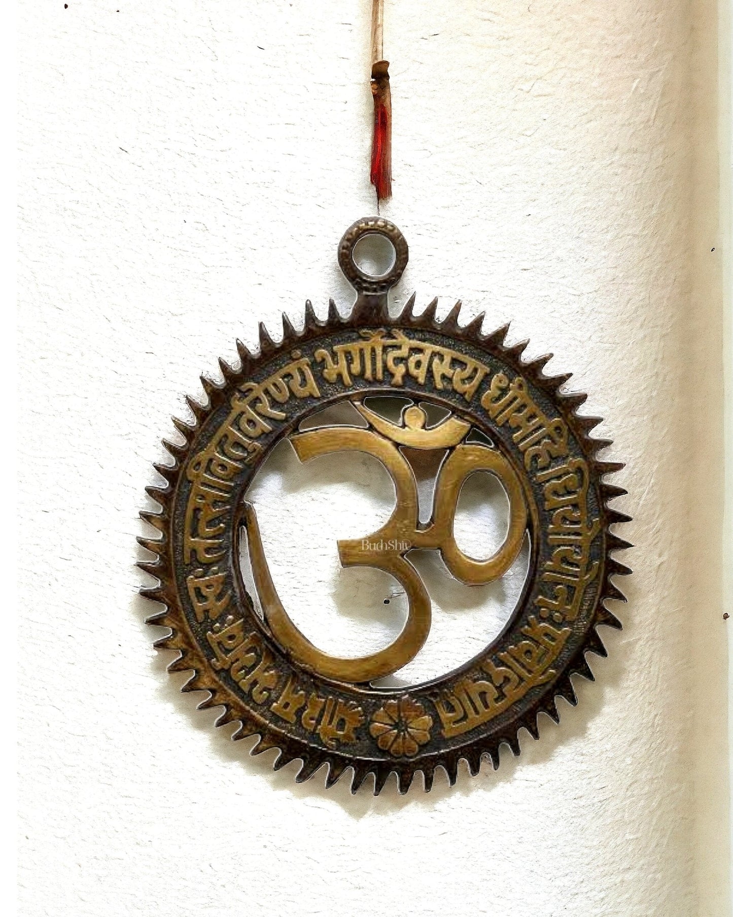 Brass om with Gayatri mantra engraved wall hanging 6 inch | 100% Certified Copper & Brass - Sama Homes Idol - Brass Sculpture