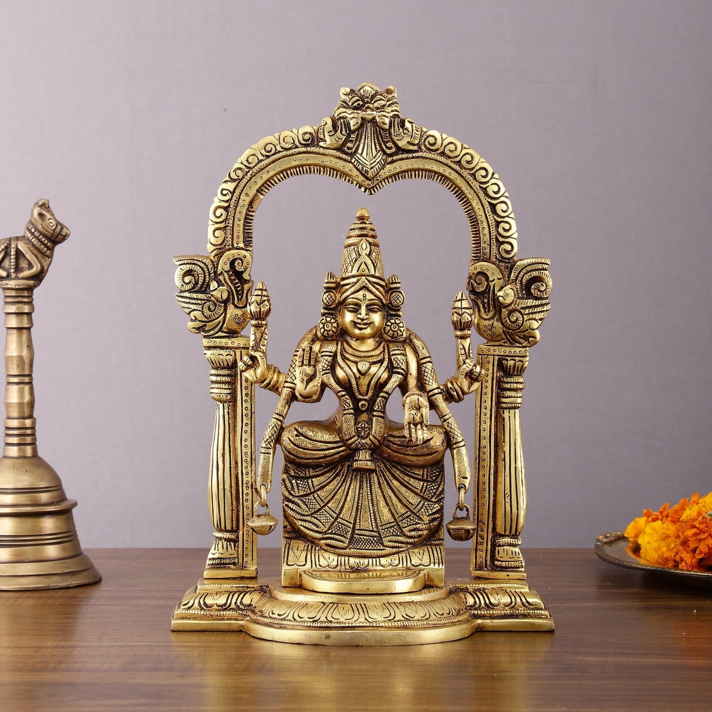 Brass Padmavati Thayar Lakshmi Statue with Thiruvachi Arch - 11 inch | 100% Certified Copper & Brass - Sama Homes Idol - Brass Sculpture