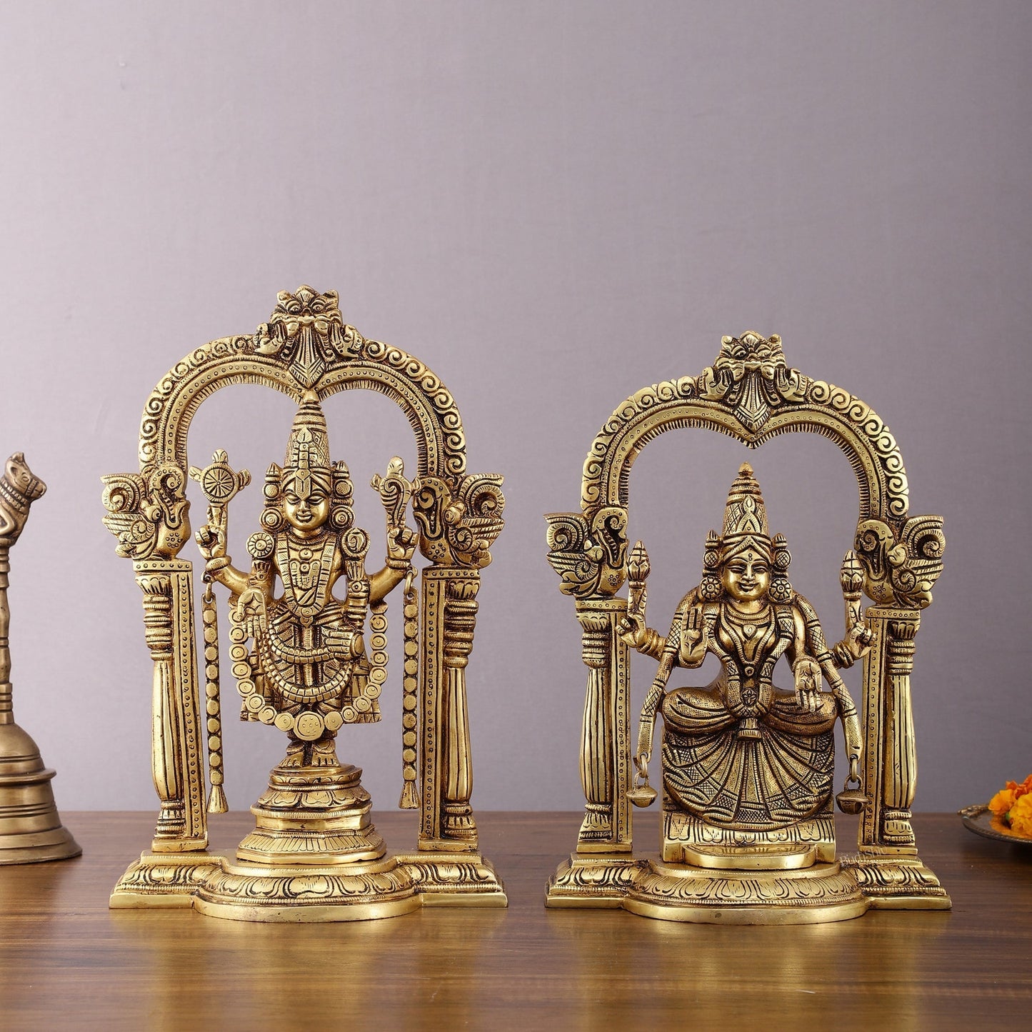 Brass Padmavati Thayar Lakshmi & Tirupati Balaji Statue Set with Thiruvachi Arch - 12 Inch | 100% Certified Copper & Brass - Sama Homes Idol - Brass Sculpture