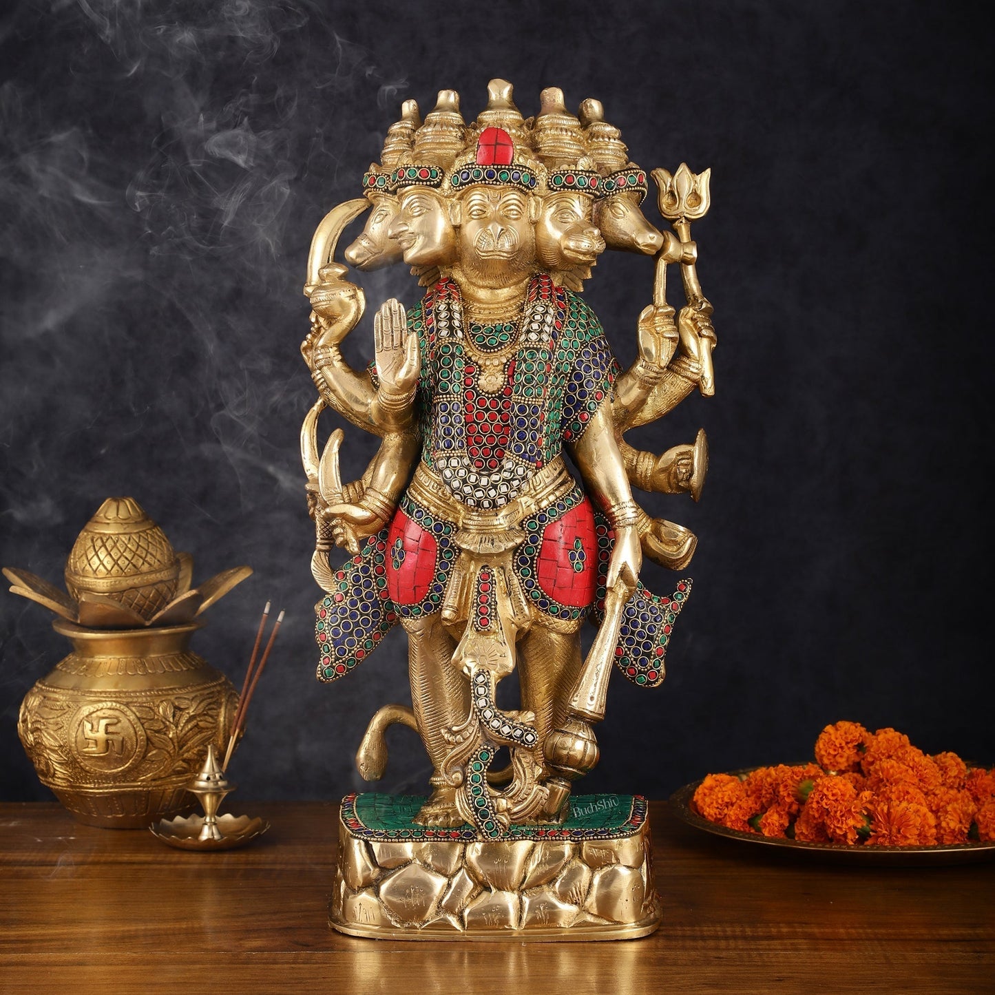 Brass Panch Mukhi Hanuman Statue with Stonework - 17.5 Inches | 100% Certified Copper & Brass - Sama Homes Idol - Brass Sculpture