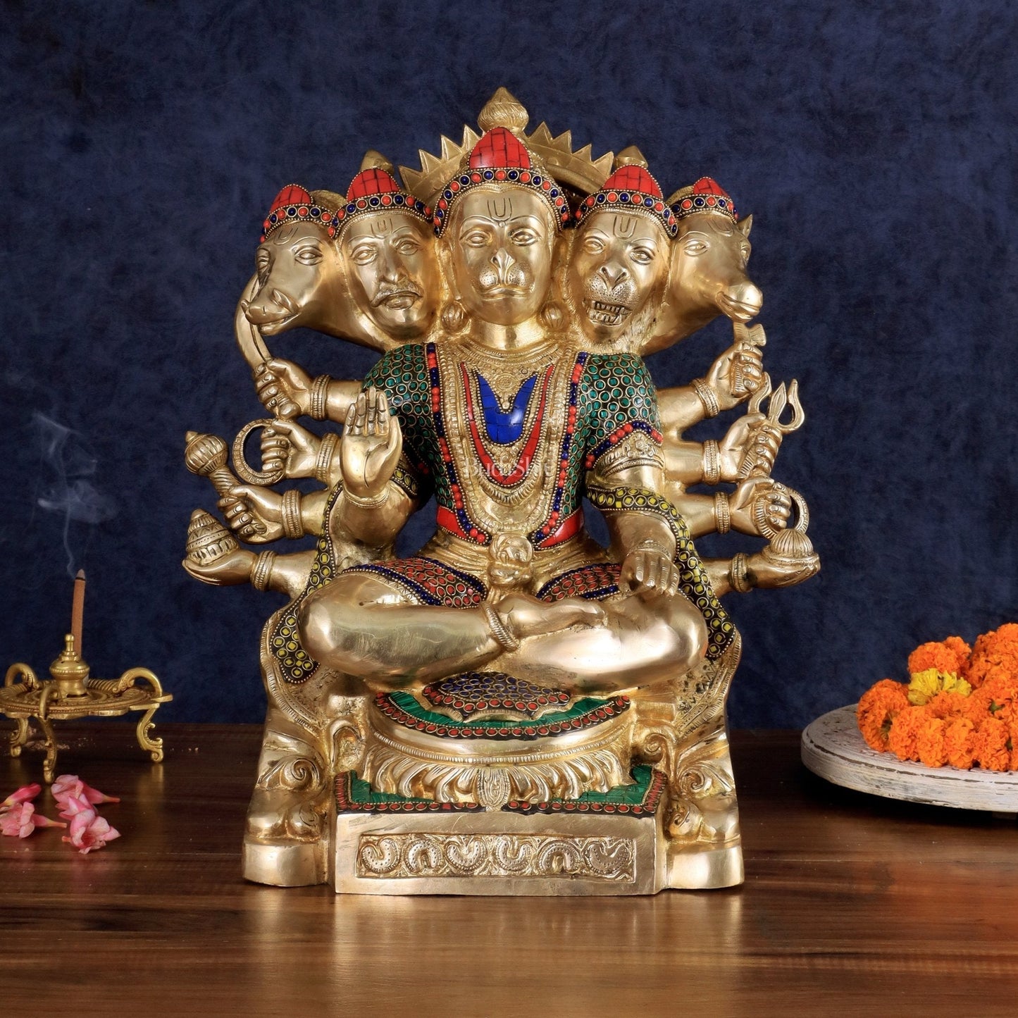 Brass Panchmukhi Hanuman large Idol 17 inch with stonework | 100% Certified Copper & Brass - Sama Homes Idol - Brass Sculpture