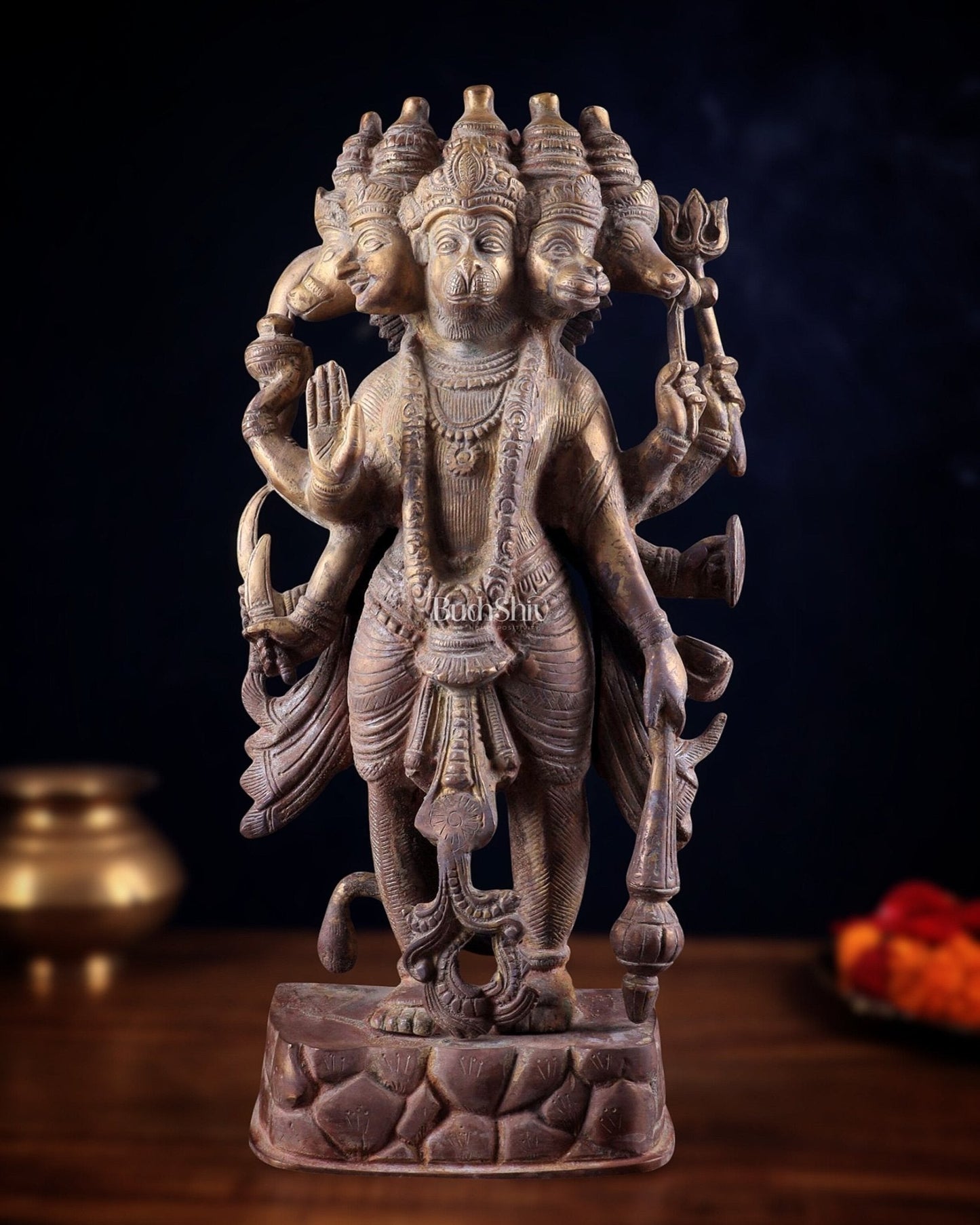 Brass PanchMukhi Hanuman Statue - 17.5 Inches vintage tone | 100% Certified Copper & Brass - Sama Homes Idol - Brass Sculpture