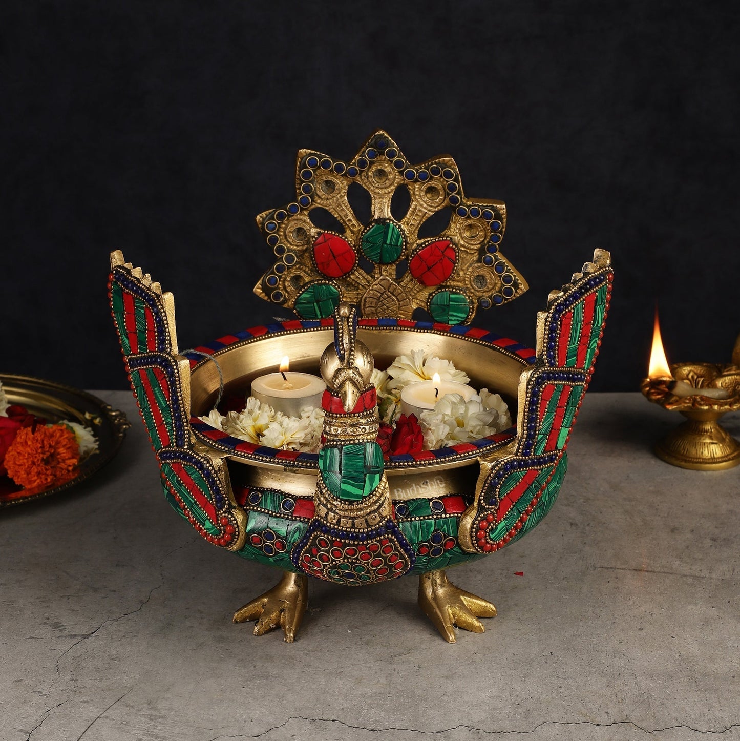 Brass Peacock Shaped Urli Bowl with Stand - Exquisite Decorative Accent – Sama Homes