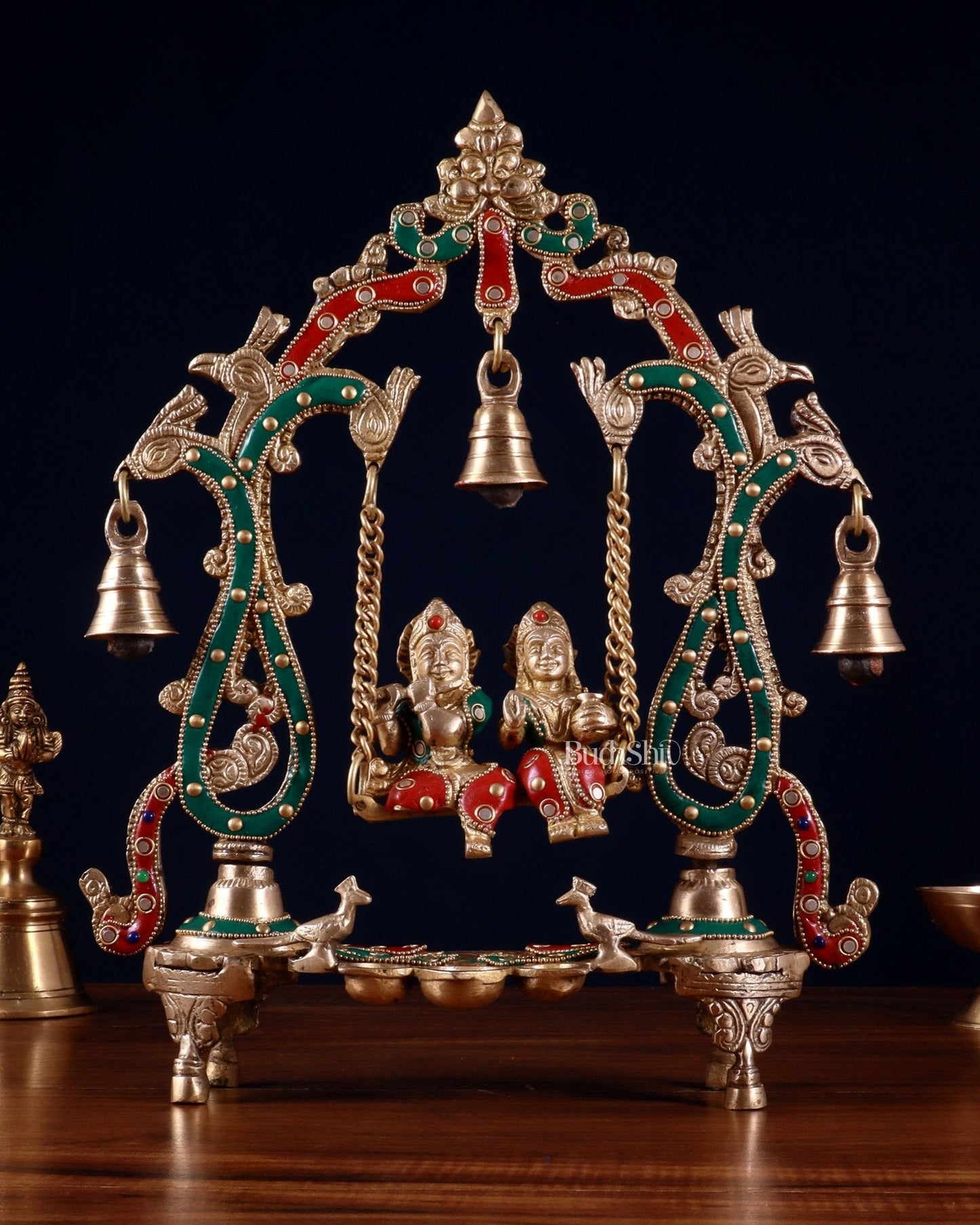 Brass Radha Krishna Swing 13.5 inch with stonework | 100% Certified Copper & Brass - Sama Homes Idol - Brass Sculpture