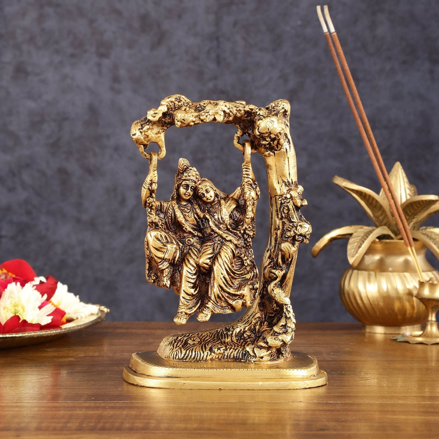 Brass Radha Krishna Swing Idol - 7" Height | 100% Certified Copper & Brass - Sama Homes Idol - Brass Sculpture