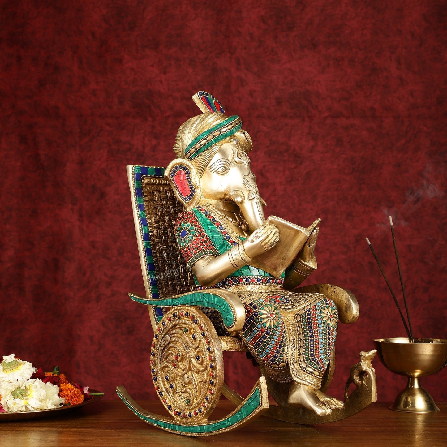 Brass reading ganapati sitting on Chair statue 17" | 100% Certified Copper & Brass - Sama Homes Idol - Brass Sculpture