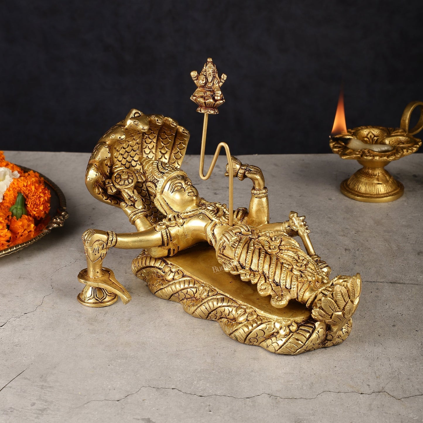 Brass Resting Vishnu with bhrama and Shiv ling | 100% Certified Copper & Brass - Sama Homes Idol - Brass Sculpture