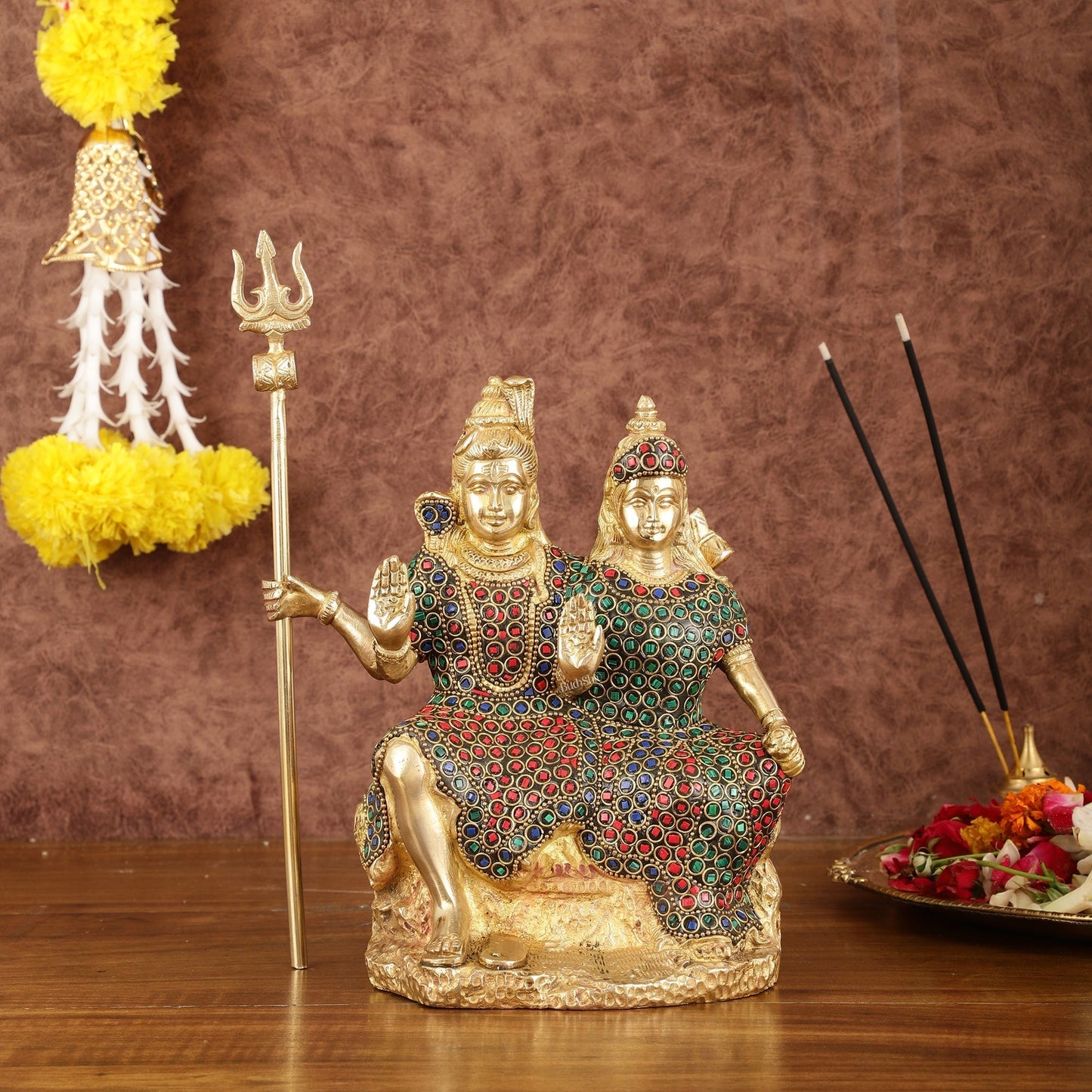 Brass Seated Shiv Parvati Idol with Stonework - 9" | 100% Certified Copper & Brass - Sama Homes Idol - Brass Sculpture