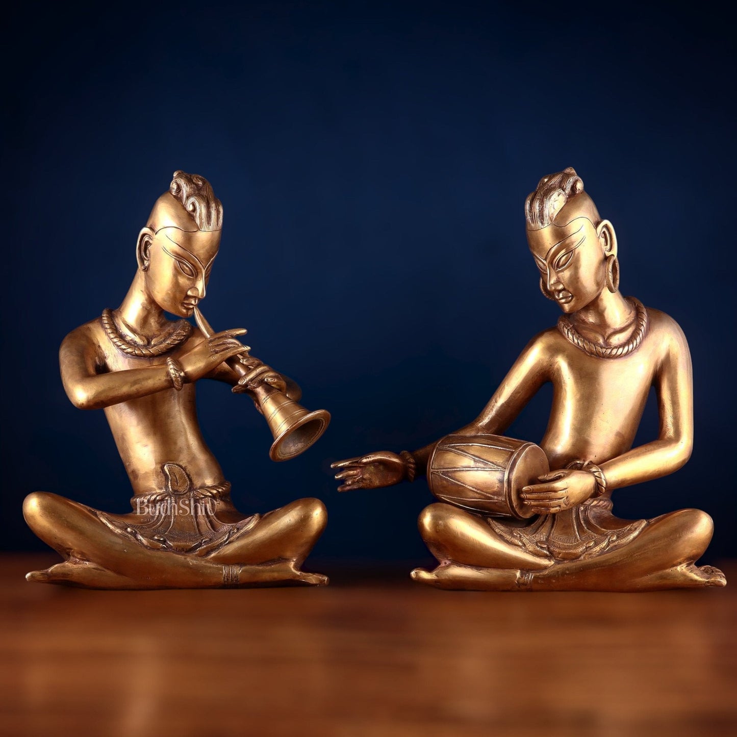Brass Set of 2 Tansen Musicians – 18 Inch shehnai and dholak player | 100% Certified Copper & Brass - Sama Homes Idol - Brass Sculpture