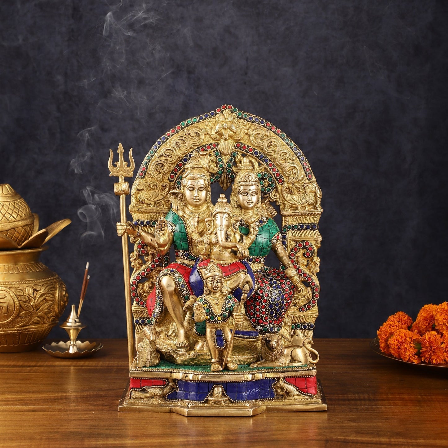 Brass Shiv Parivar Idol - Complete Divine Harmony - 12" Height | 100% Certified Copper & Brass - Sama Homes Idol - Brass Sculpture