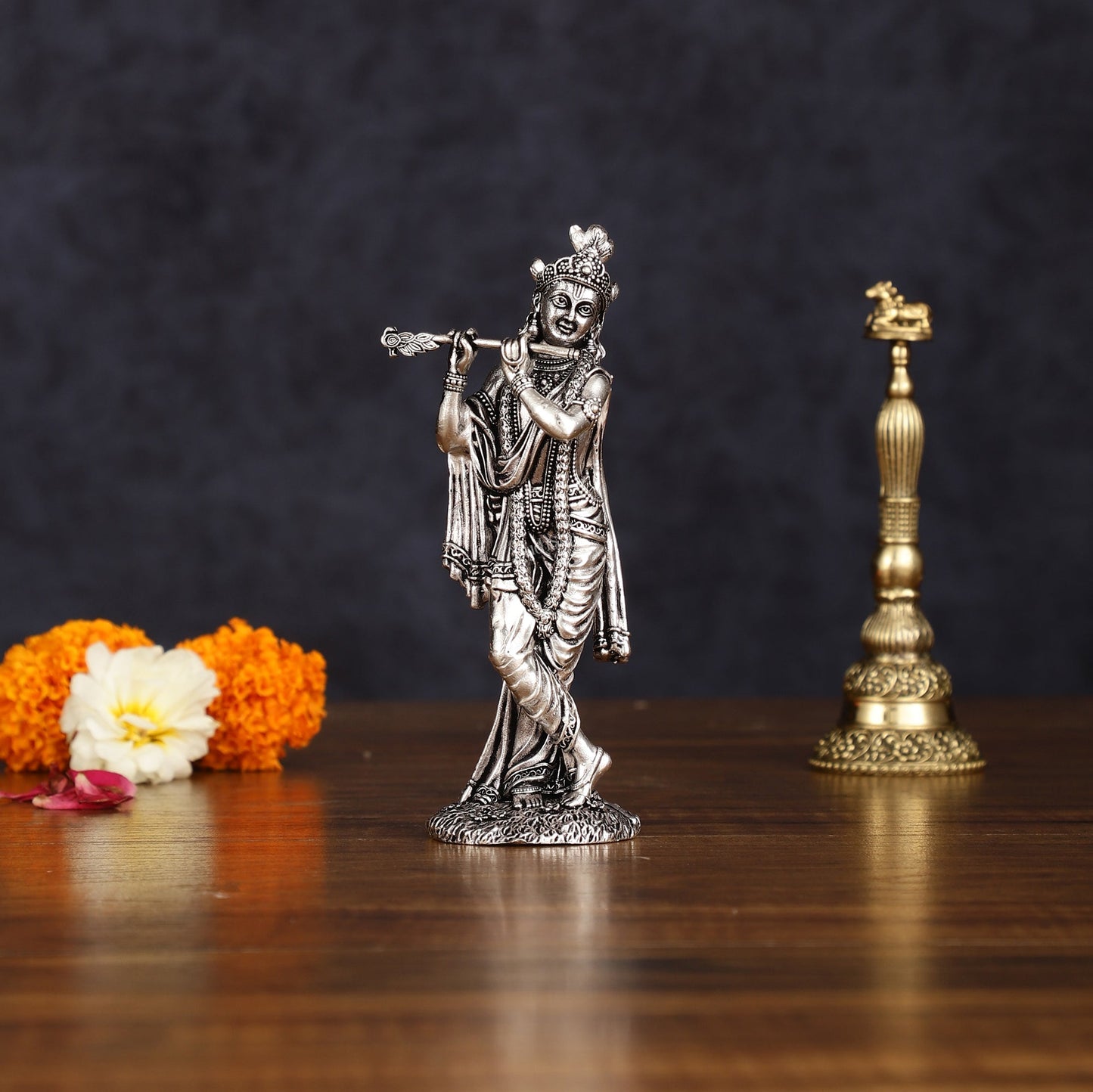 Brass silver plated Superfine Intricate Krishna Idol - 6" Height | 100% Certified Copper & Brass - Sama Homes Idol - Brass Sculpture