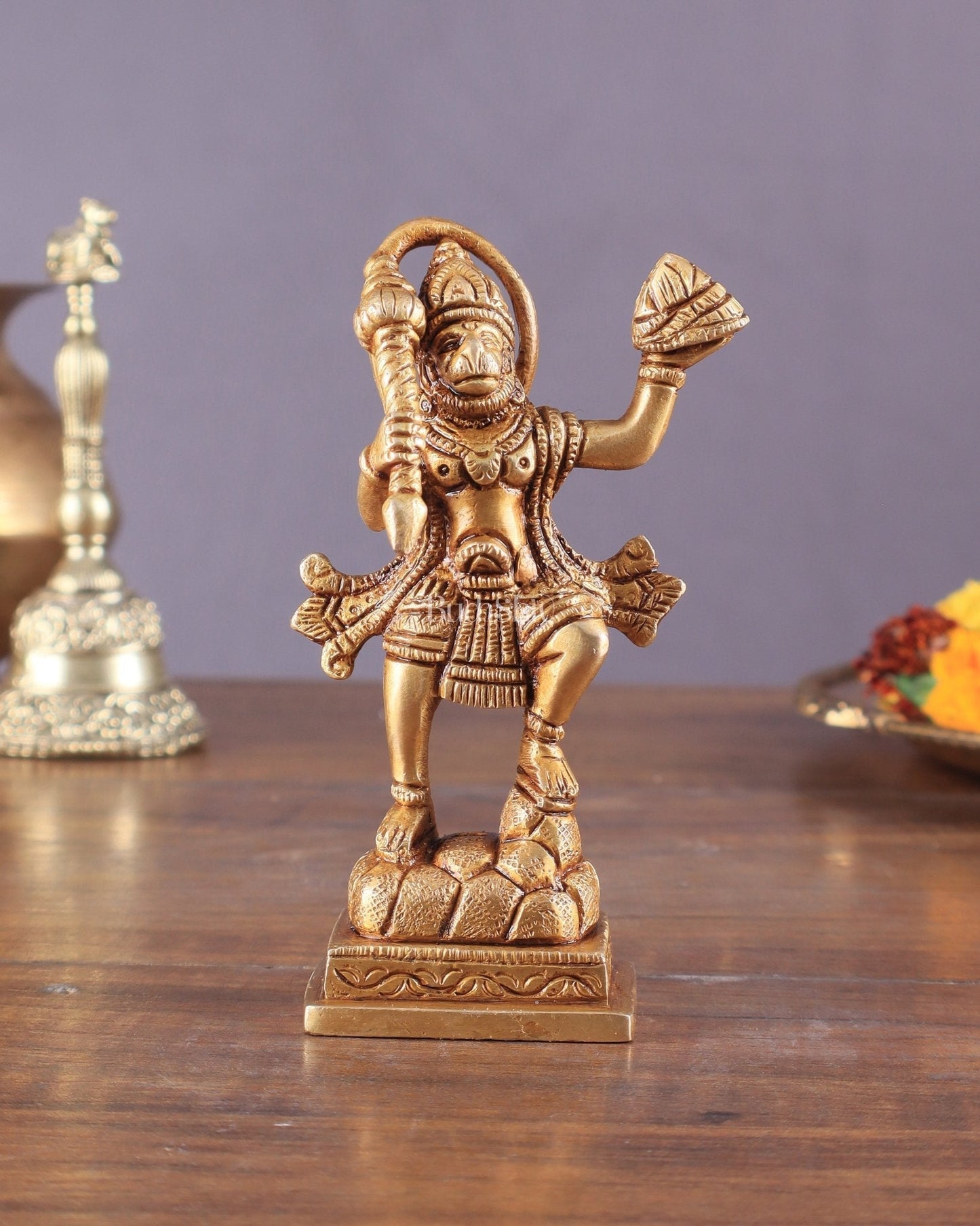 Brass Small Sanjeevani Mountain Hanuman Idol 4.5 inch | 100% Certified Copper & Brass - Sama Homes Idol - Brass Sculpture