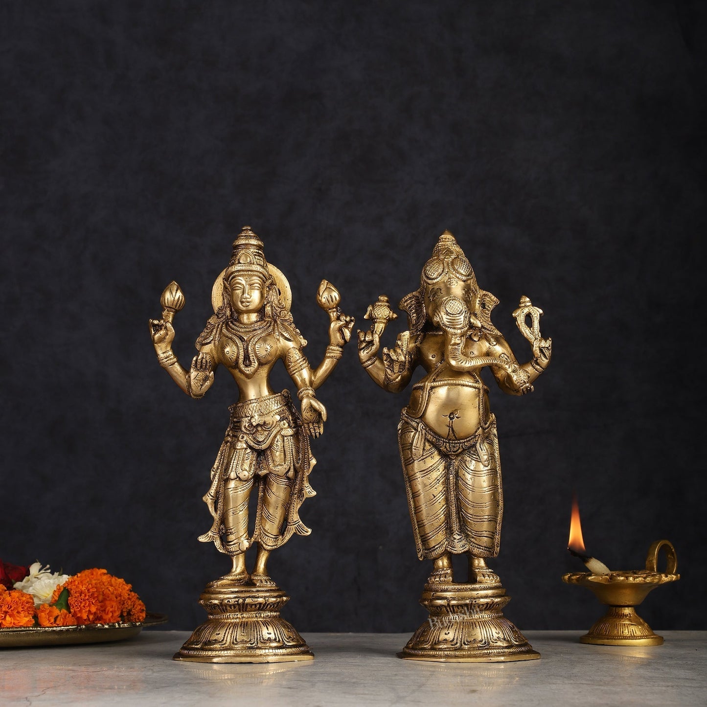 Brass Standing Ganesh Lakshmi Idol Set 10" | 100% Certified Copper & Brass - Sama Homes Idol - Brass Sculpture