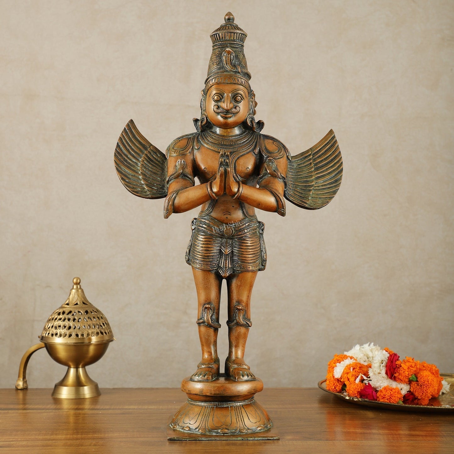 Brass Standing Garuda Dev Statue - 22 Inch Vintage Bronze tone | 100% Certified Copper & Brass - Sama Homes Idol - Brass Sculpture