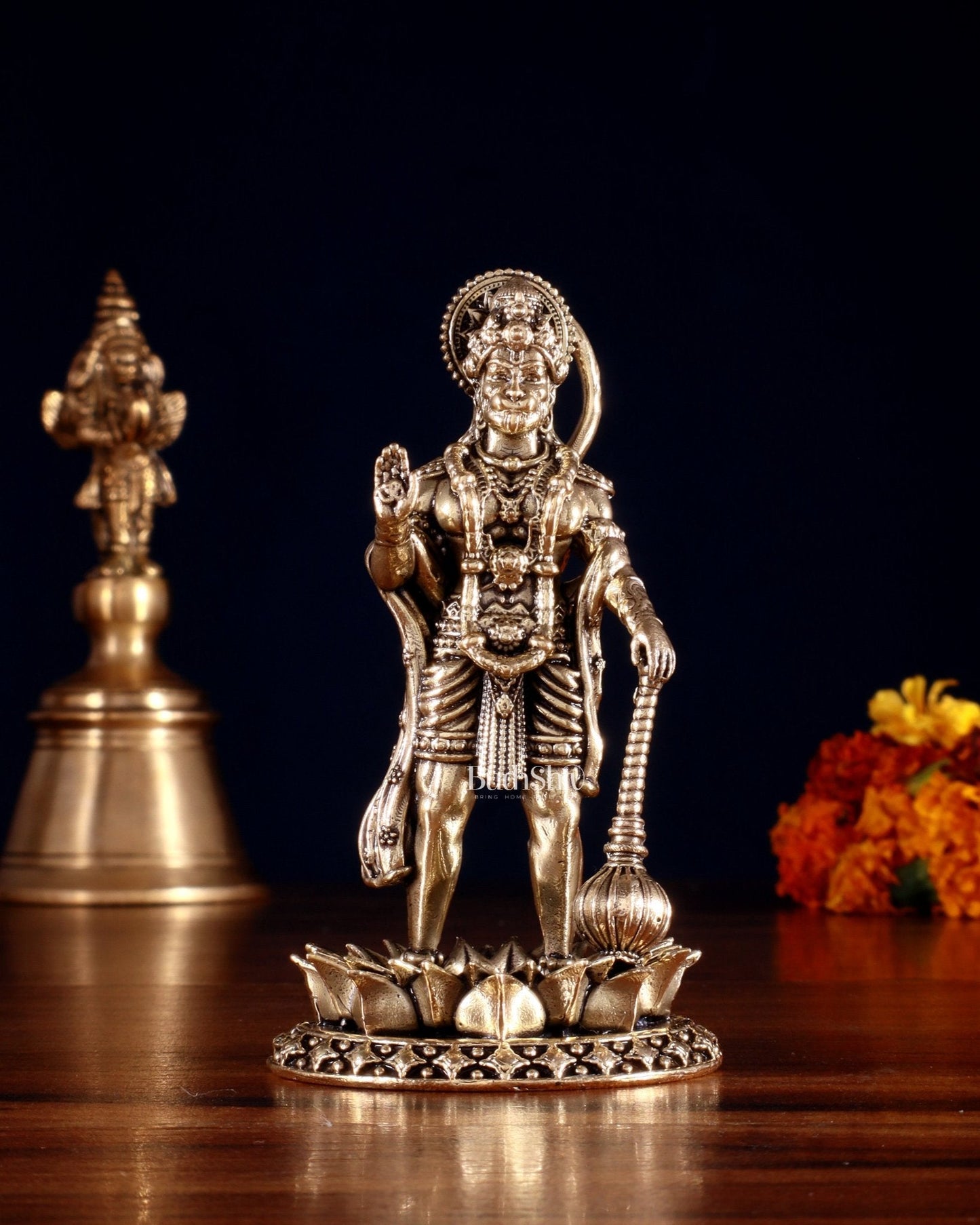 Brass Standing Hanuman Idol – Superfine Carvings, 4 Inch | 100% Certified Copper & Brass - Sama Homes Idol - Brass Sculpture