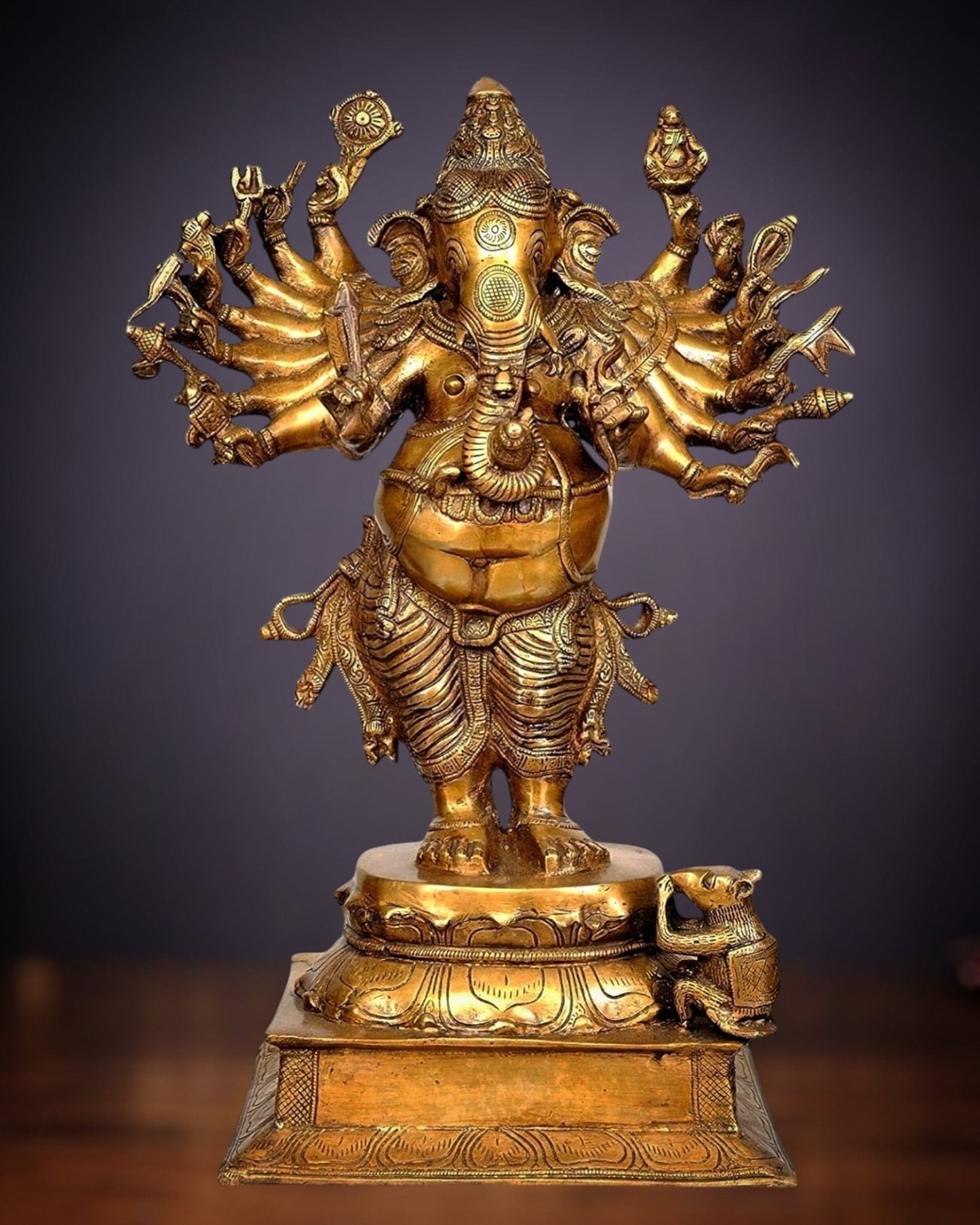 Brass Standing Vir Ganesha with 16 arms 23 " | 100% Certified Copper & Brass - Sama Homes Idol - Brass Sculpture