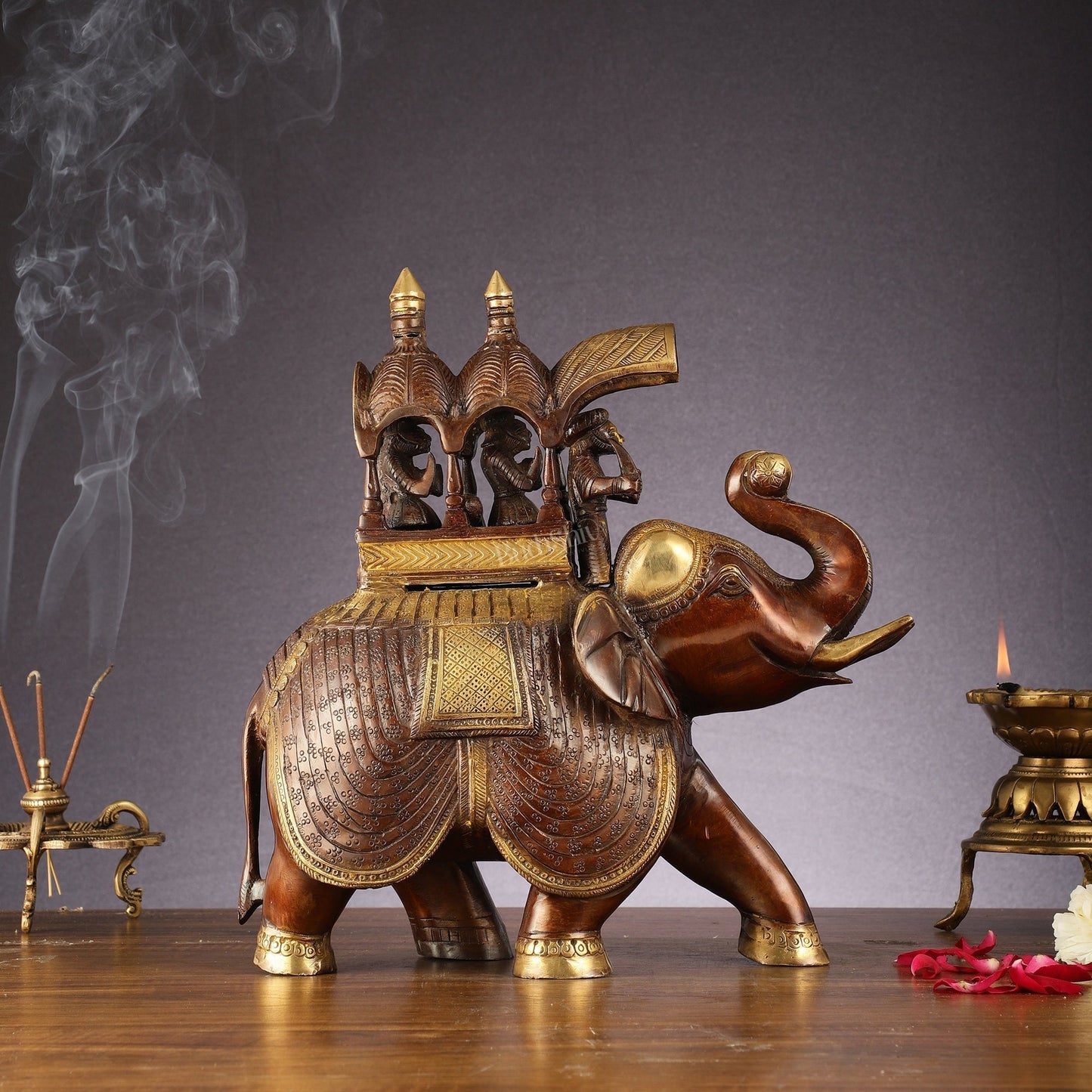 Brass Superfine Antique Brown Ambari Elephant with trunk up statue 12"