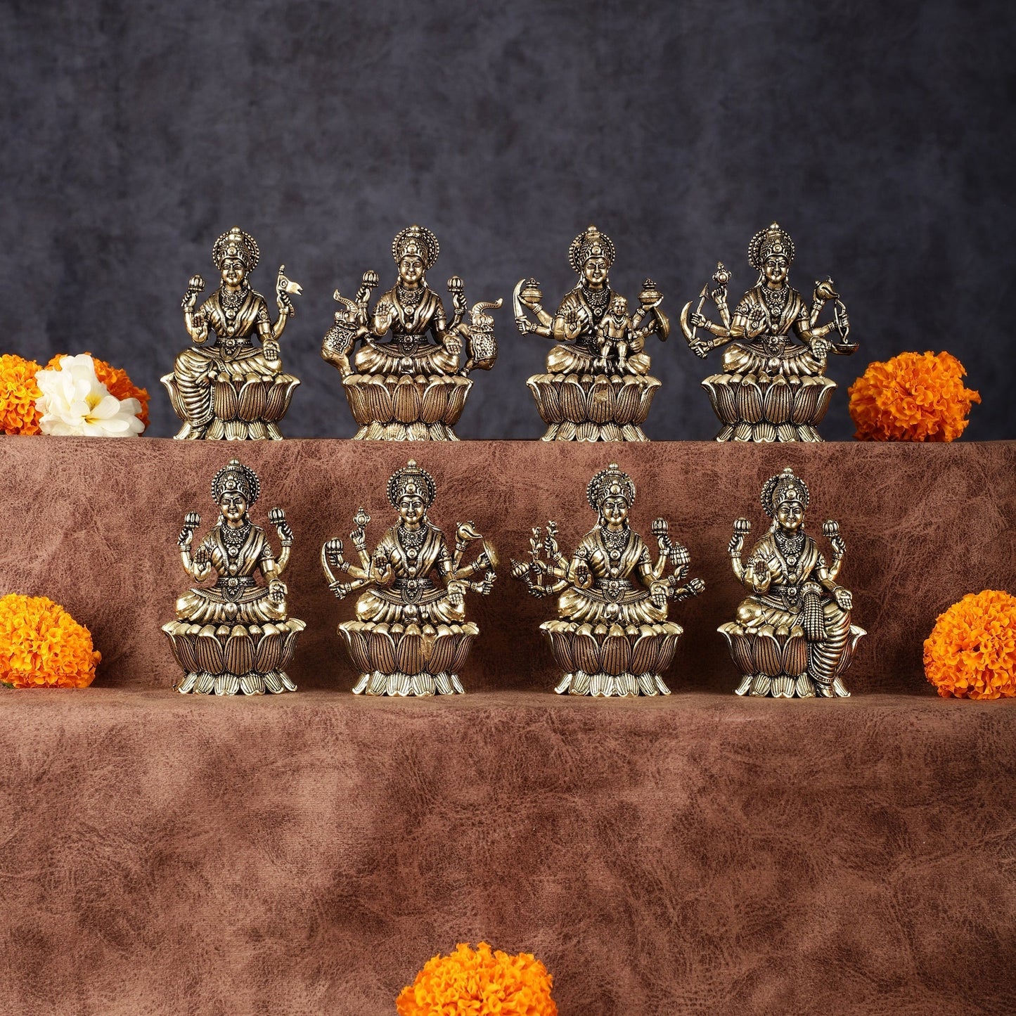 Brass Superfine Ashtalakshmi Idols - 3 Inch, Eight Forms of Goddess Lakshmi | 100% Certified Copper & Brass - Sama Homes Idol - Brass Sculpture