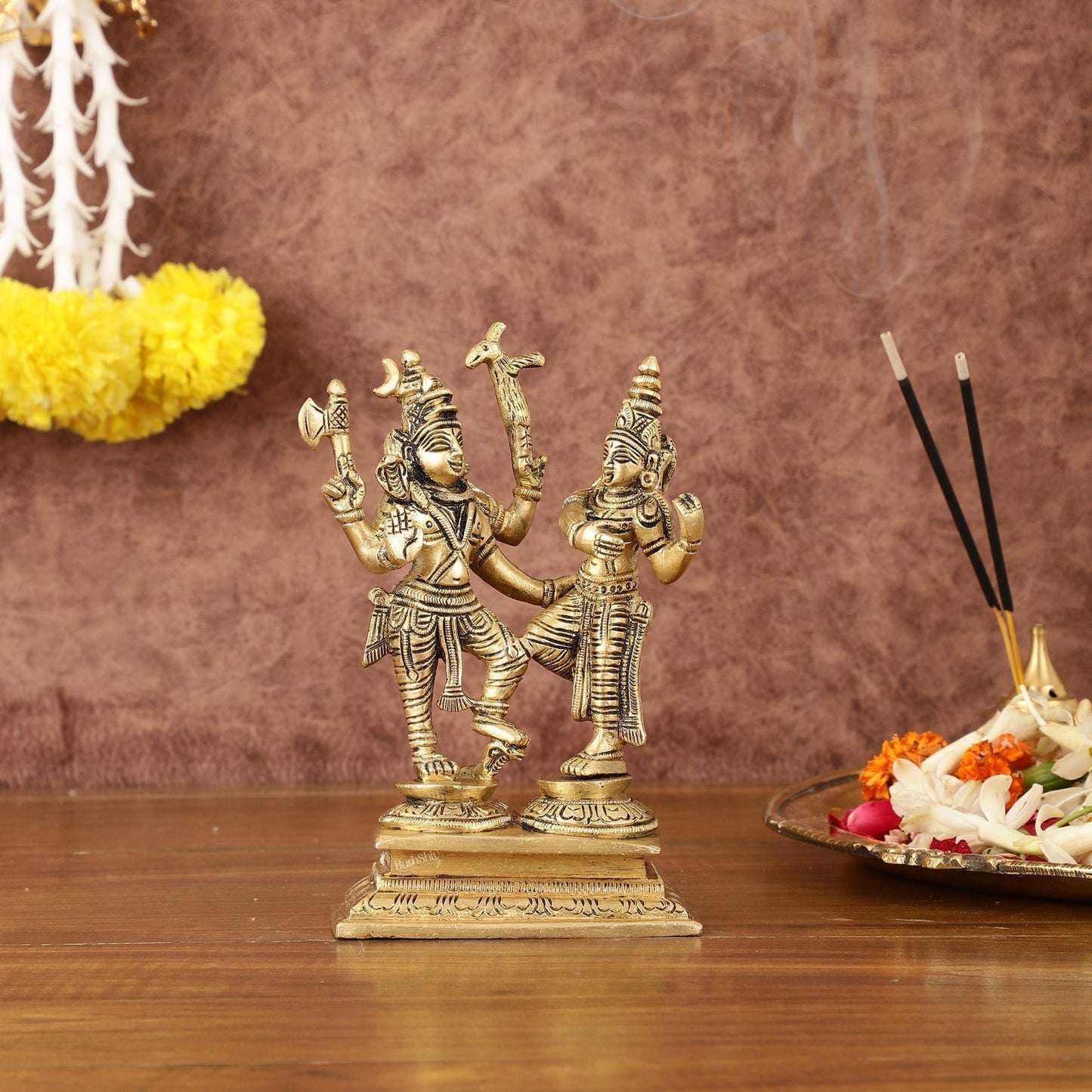 Brass Superfine Dancing Shiva Parvati Idol - 6" Tall | 100% Certified Copper & Brass - Sama Homes Idol - Brass Sculpture