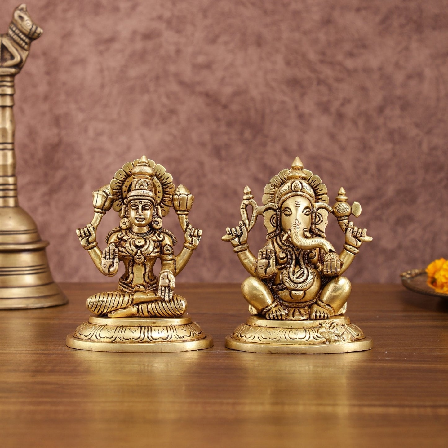 Brass Superfine Ganesh Lakshmi Idols Set | 5-inch | 100% Certified Copper & Brass - Sama Homes Idol - Brass Sculpture