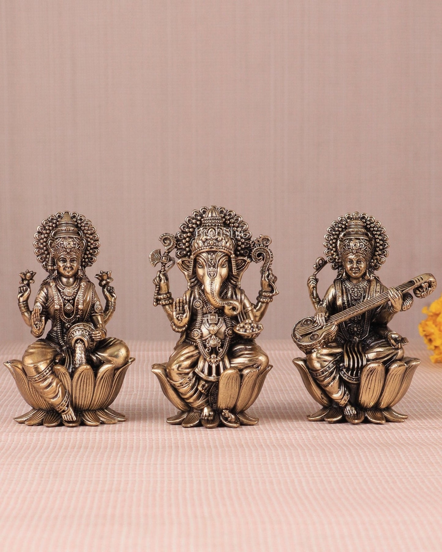 Brass Superfine Ganesh Lakshmi Saraswati Idols - 4 Inch lotus base | 100% Certified Copper & Brass - Sama Homes Idol - Brass Sculpture
