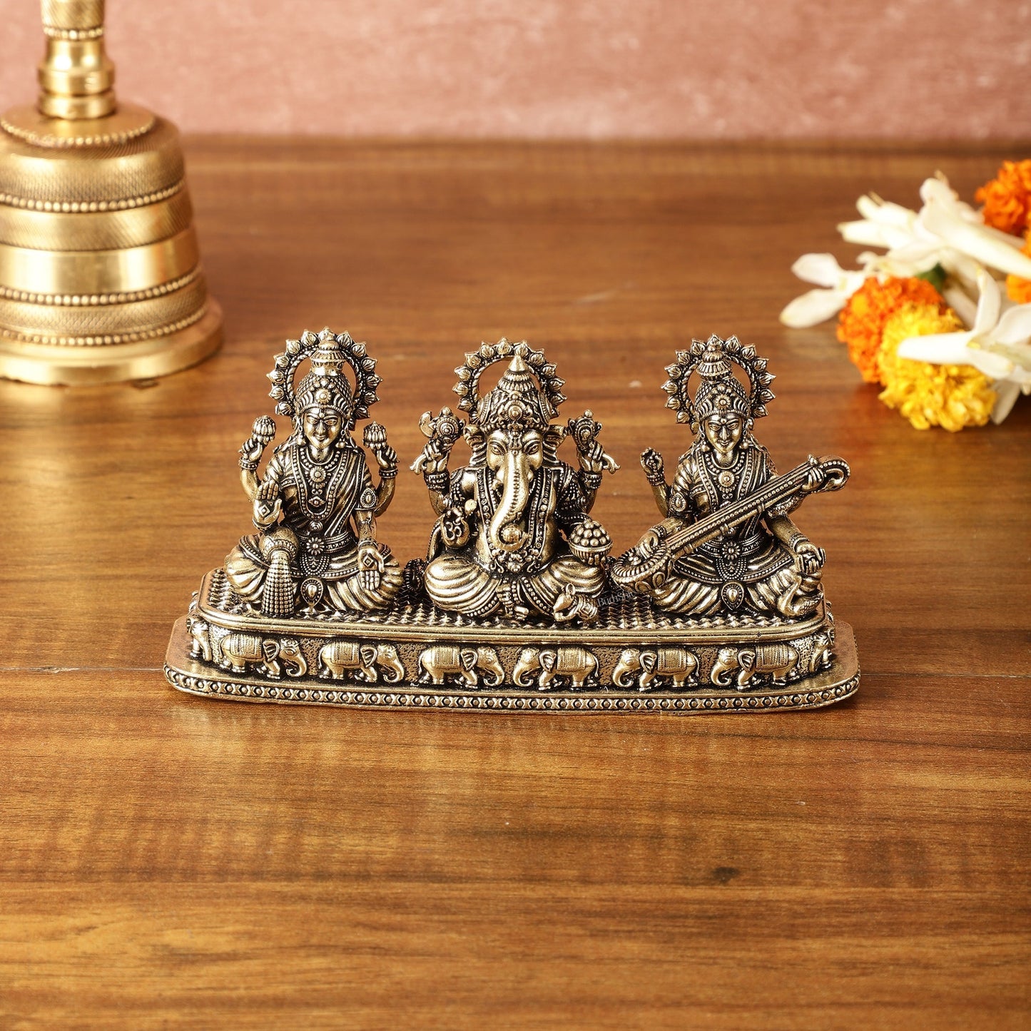 Brass Superfine Ganesh Lakshmi Saraswati on Same Base | Intricately Carved | 3 Inch Height | 100% Certified Copper & Brass - Sama Homes Idol - Brass Sculpture