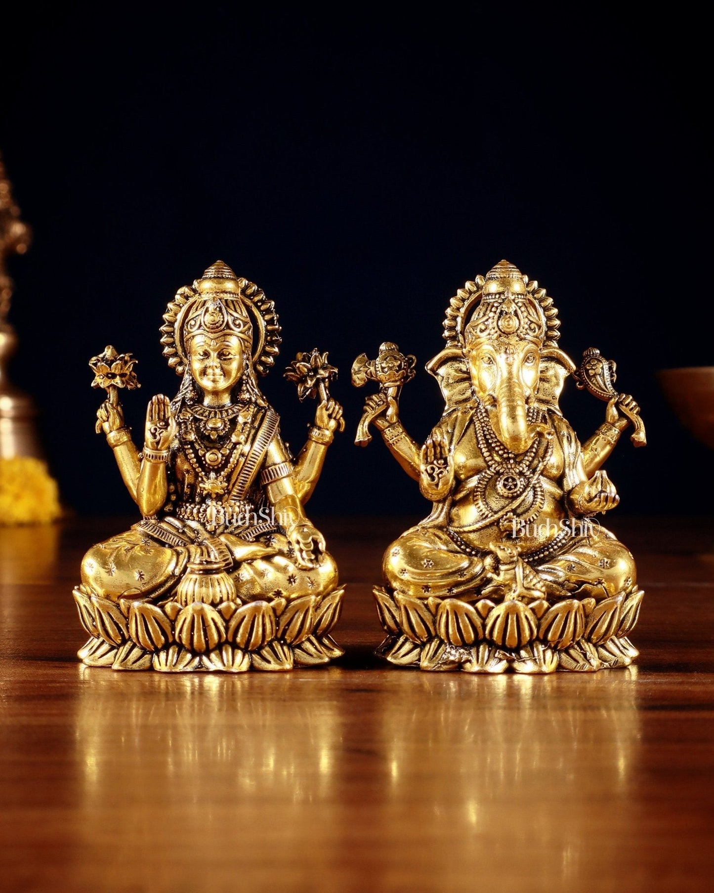Brass Superfine Ganesha Lakshmi Idols - 3.5" Height | golden tone | 100% Certified Copper & Brass - Sama Homes Idol - Brass Sculpture