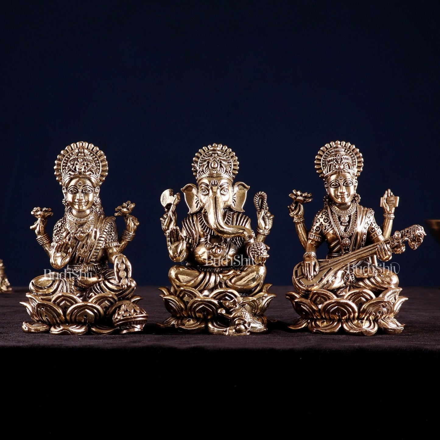 Brass Superfine Ganesha Lakshmi Saraswati Idol Set 4" - Sama Homes Idol - Brass Sculpture