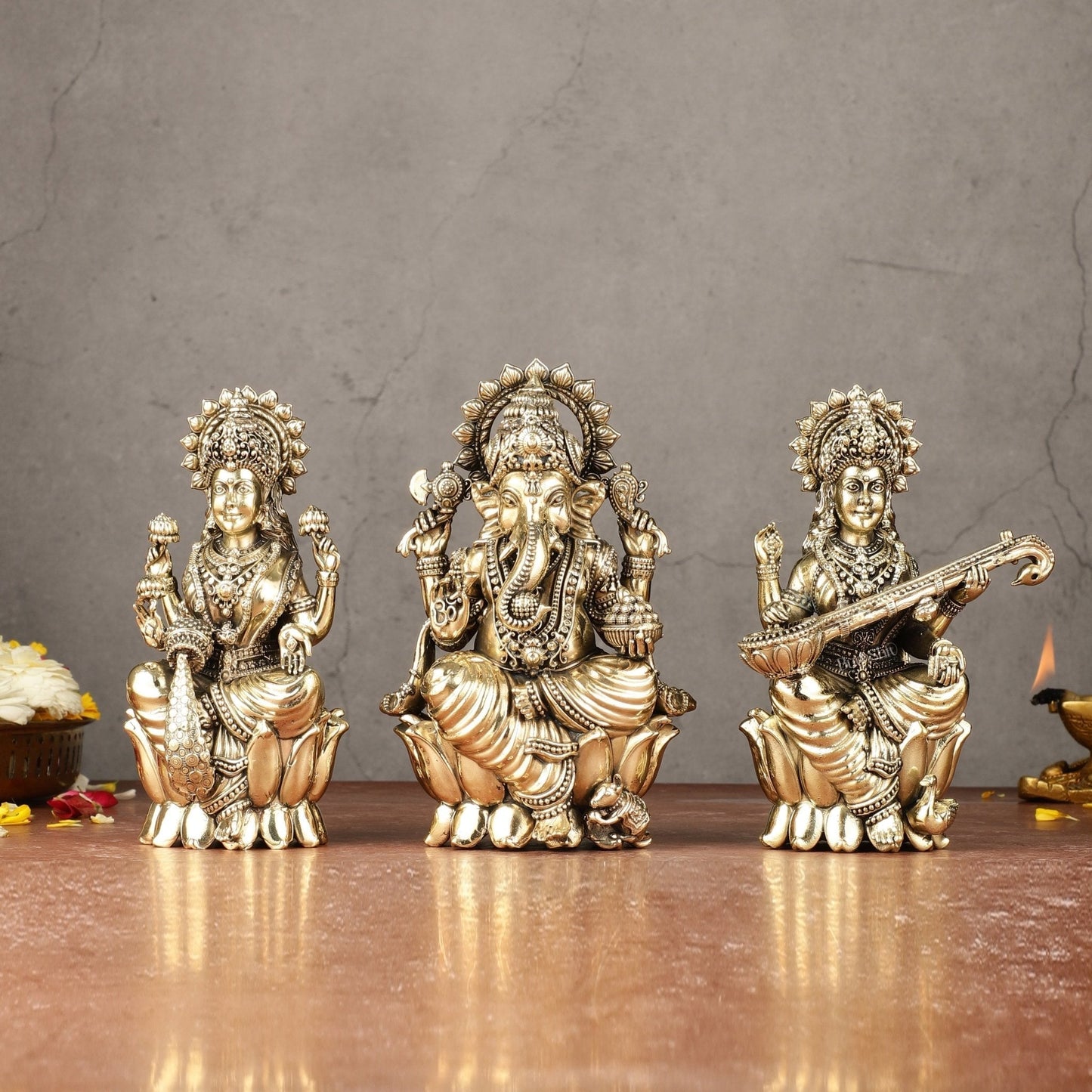 Brass Superfine Ganesha, Lakshmi, Saraswati Idols Set | 6" - Sama Homes Idol - Brass Sculpture