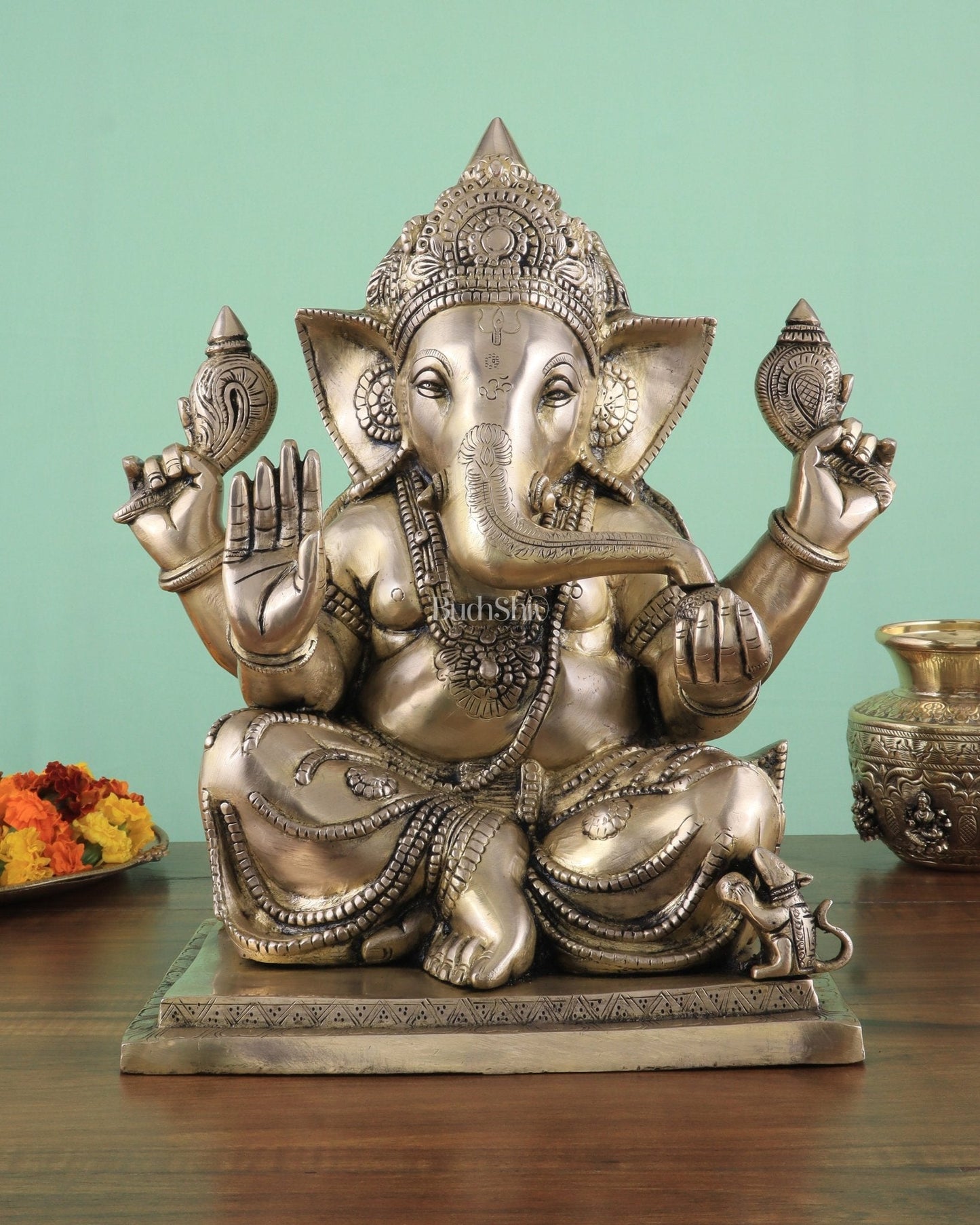 Brass Superfine Ganesha statue 15" matte finish - Sama Homes Idol - Brass Sculpture