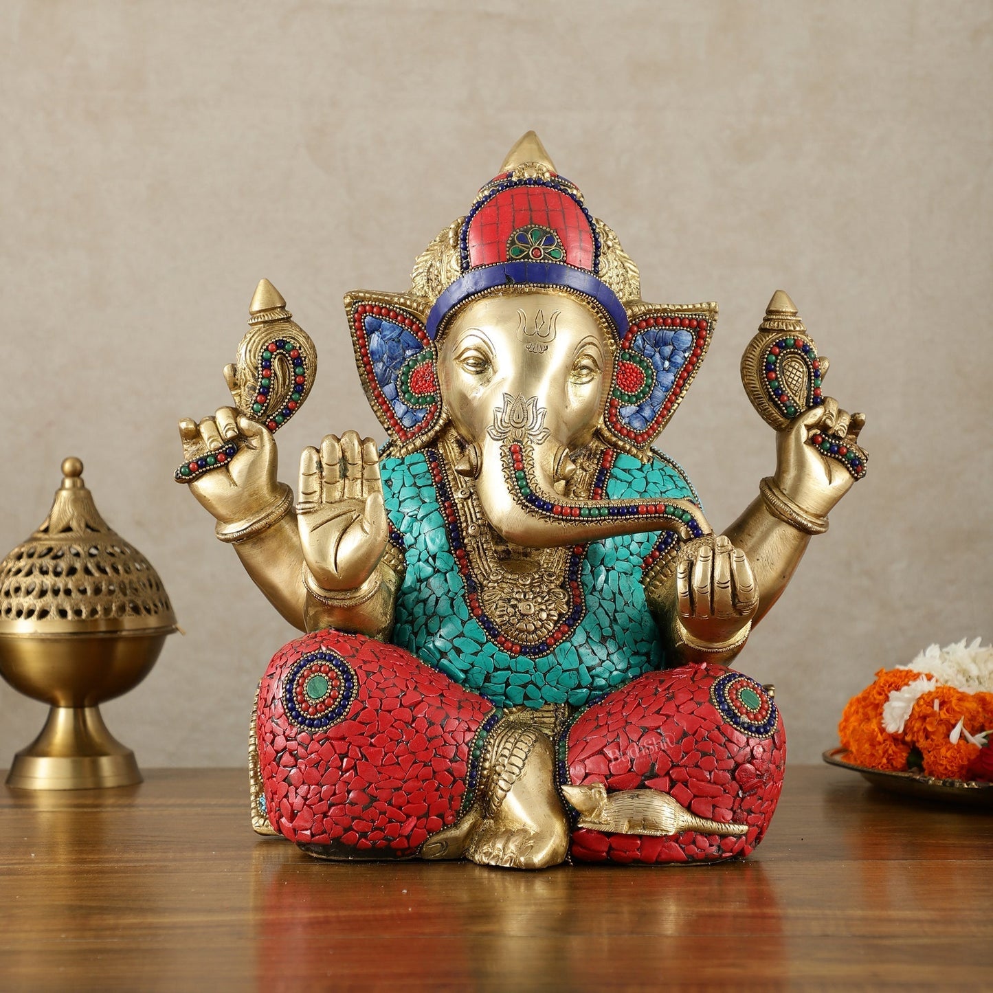Brass Superfine Ganesha Statue with Meenakari & Stonework – 13.5 Inch - Sama Homes Idol - Brass Sculpture