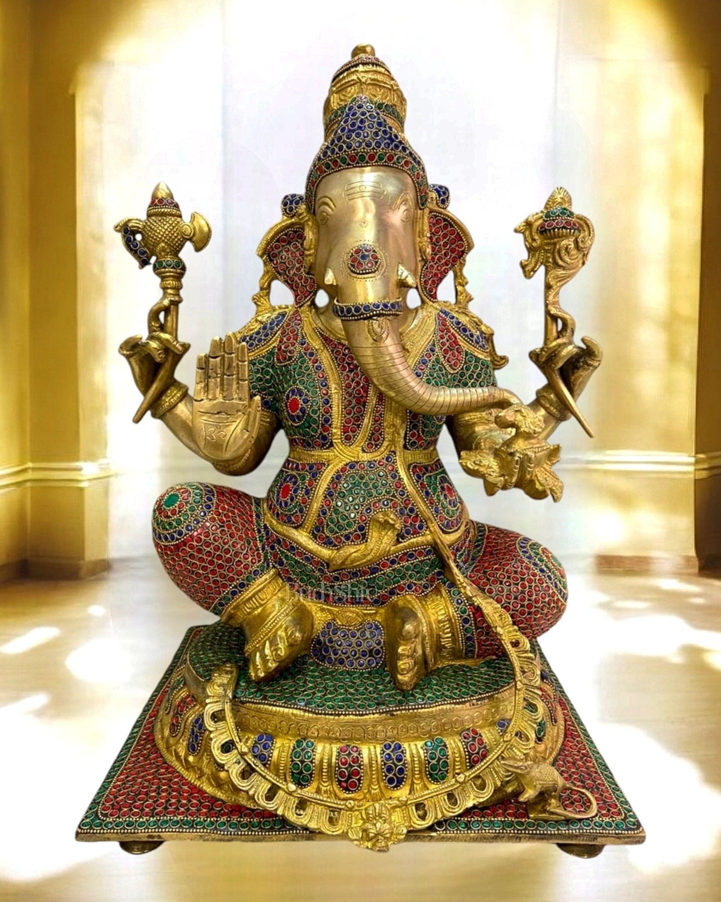 Brass Superfine Ganesha Statue with Sharp Features & Stonework - 20" height - Sama Homes Idol - Brass Sculpture