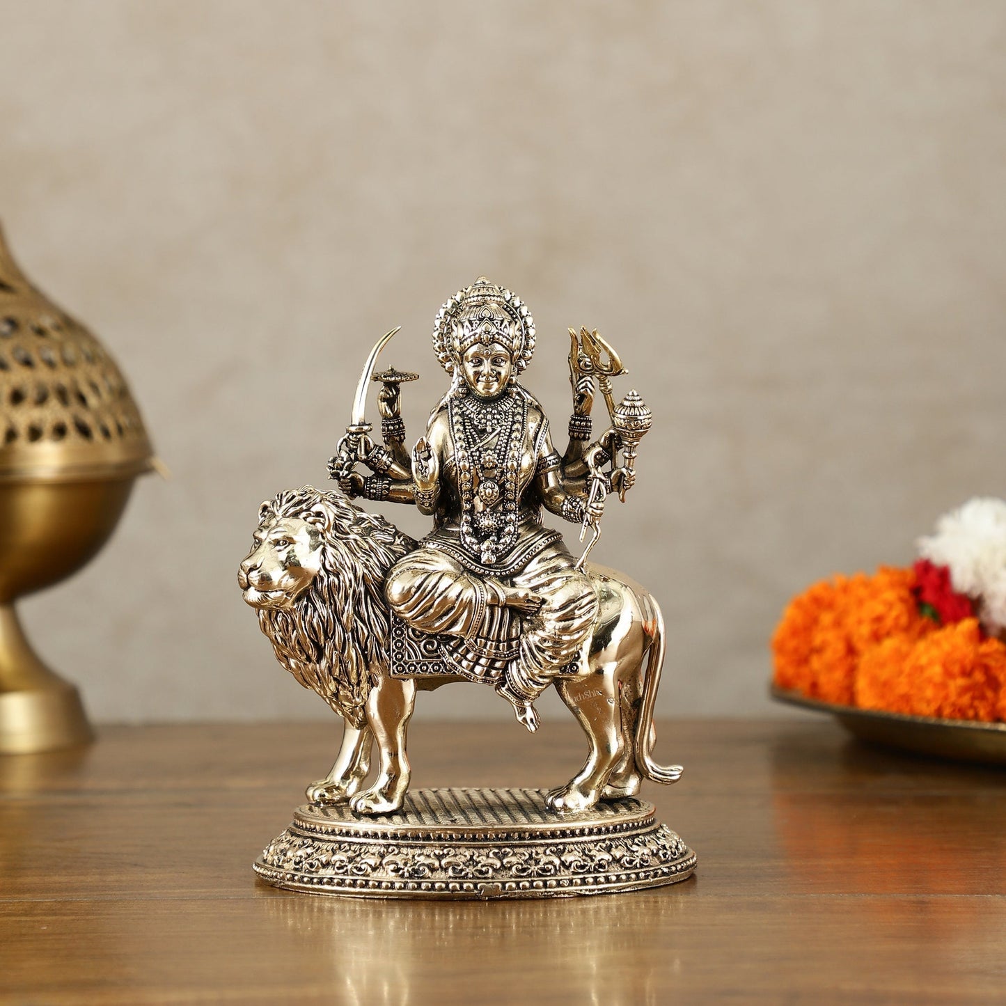 Brass Superfine Goddess Durga on Lion Idol with Base - 6 Inch - Sama Homes Idol - Brass Sculpture